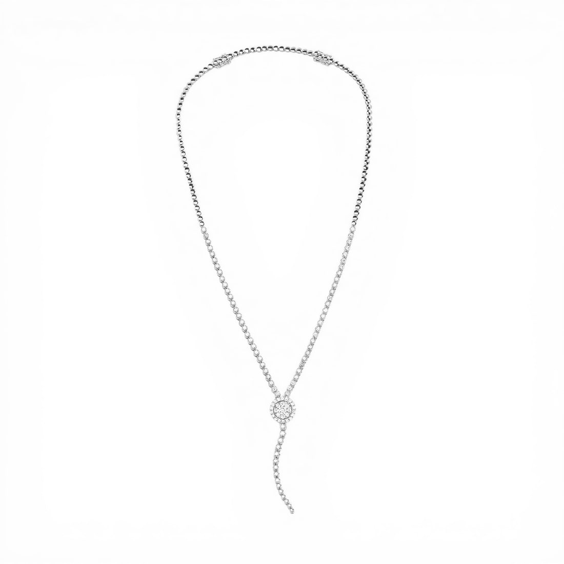 4.44 ctw Diamond Cluster 18K White Gold Lariat Necklace: Exuding opulence and grace, this breathtaking Fiori necklace featuring White Diamond is crafted for the distinguished. Crafted with precision, the Lariat setting is seamlessly integrated into 26.2 gra