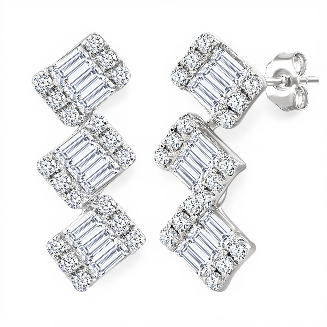 0.36 ctw Baguette & Round Diamond Zig-Zag 10K White Gold Earrings: An exquisite masterpiece of haute joaillerie, this stunning Zig-Zag Fusion pair of earrings featuring White Diamond is a true treasure. Crafted with precision, the Cluster setting is seamlessly integr