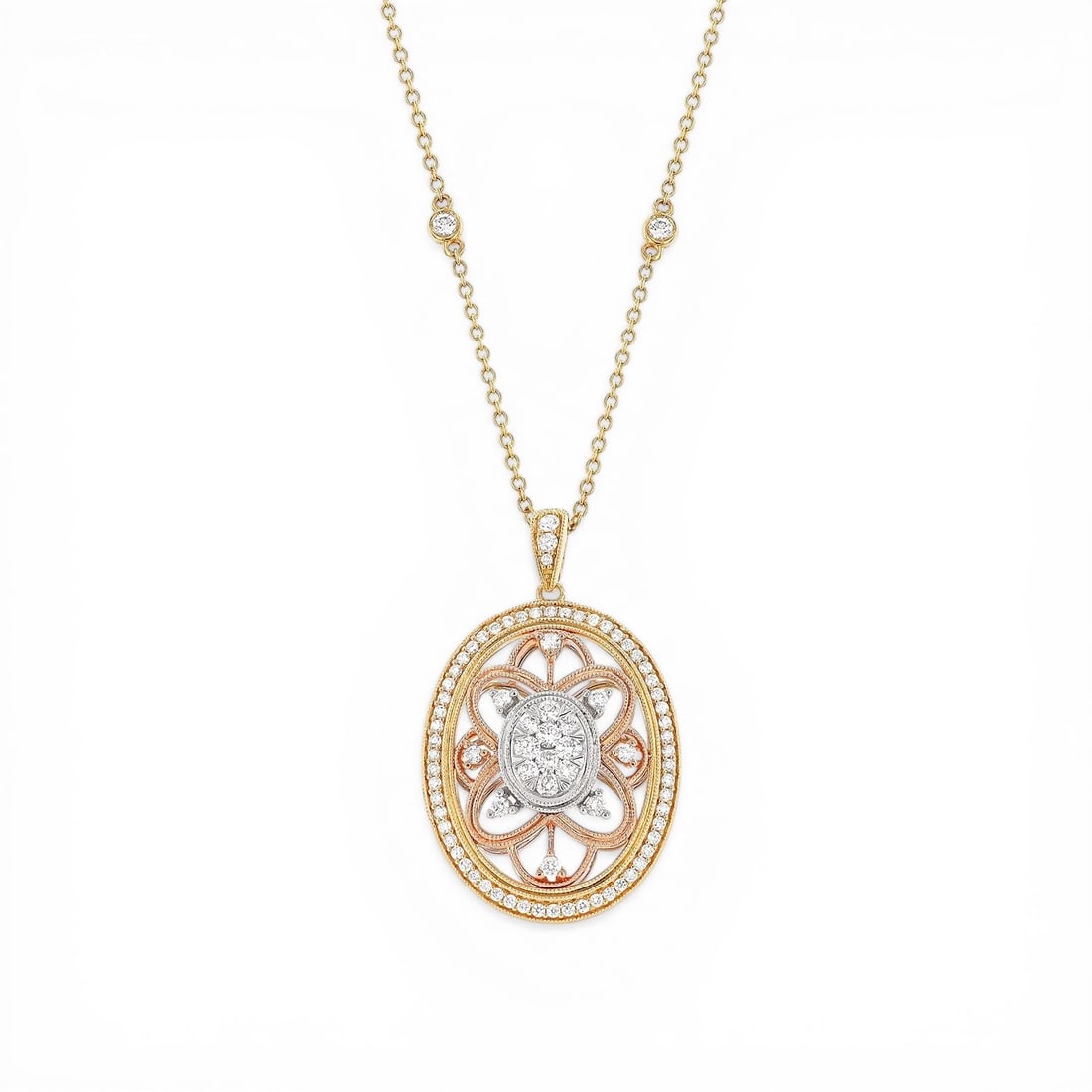 1.07 ctw Oval Cluster Diamond 18K Tri-Color Gold Pendant: Defining modern elegance, this breathtaking Oval Cluster pendant necklace featuring Natural Diamonds captures the essence of style. The gemstones are nestled within a Halo framework, supported by a su