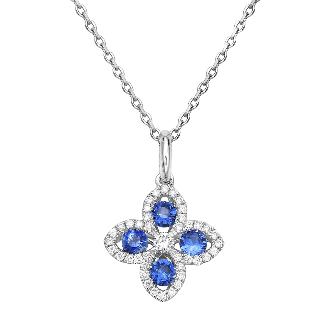 14k White Gold Pendant Necklace with Sapphires & Diamonds: Crafted with precision, this pendant necklace showcases a harmonious blend of blue sapphires and white diamonds. The centerpiece features four round-cut sapphires, totaling 0.37 carats, exuding a capt