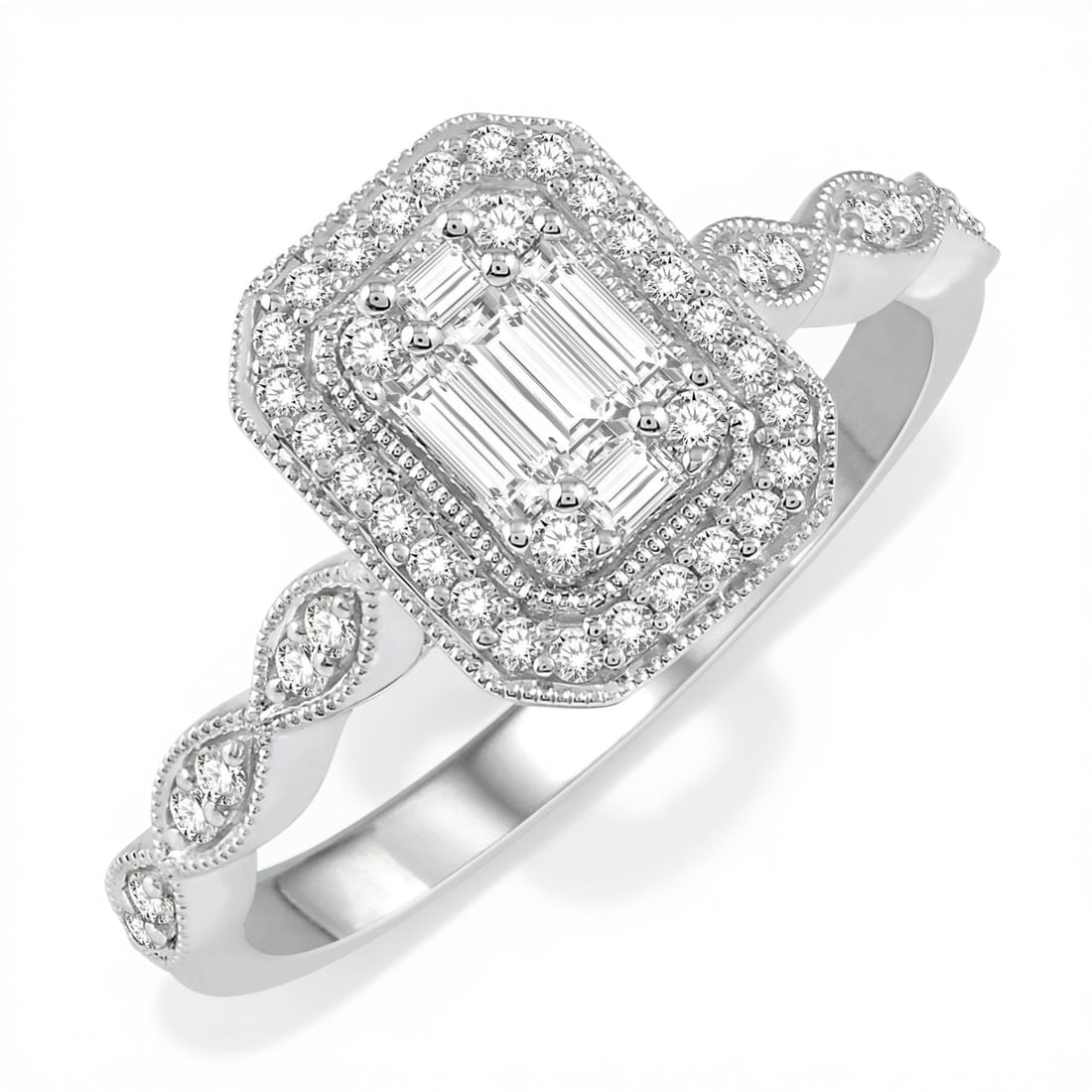 0.37 ctw Baguette & Round Diamond Halo Engagement Ring 14K White Gold: Rare and radiant, this magnificent Halo ring featuring White Diamond offers a touch of the extraordinary. A detailed Halo gallery secures the stones, rendered in 3.15 grams of lustrous 14K White Gold.