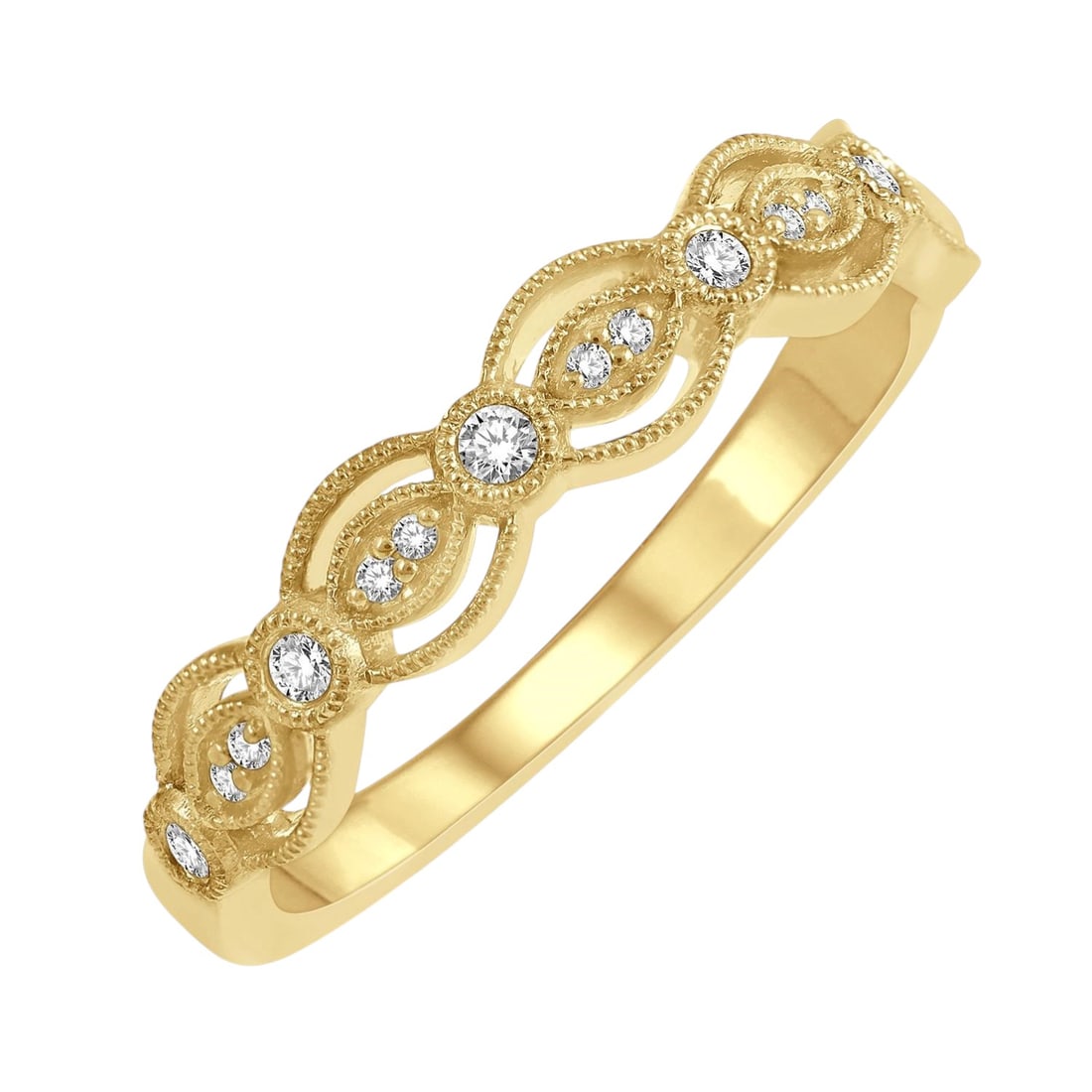 0.10 ctw Diamond Lattice Marquise 14K Yellow Gold Stack Band Ring: Rare and radiant, this elegant Lattice Marquise ring featuring Natural Diamonds offers a touch of the extraordinary. Showcasing the gems in a Band/Stackable arrangement, the ring consists of 2.1 grams