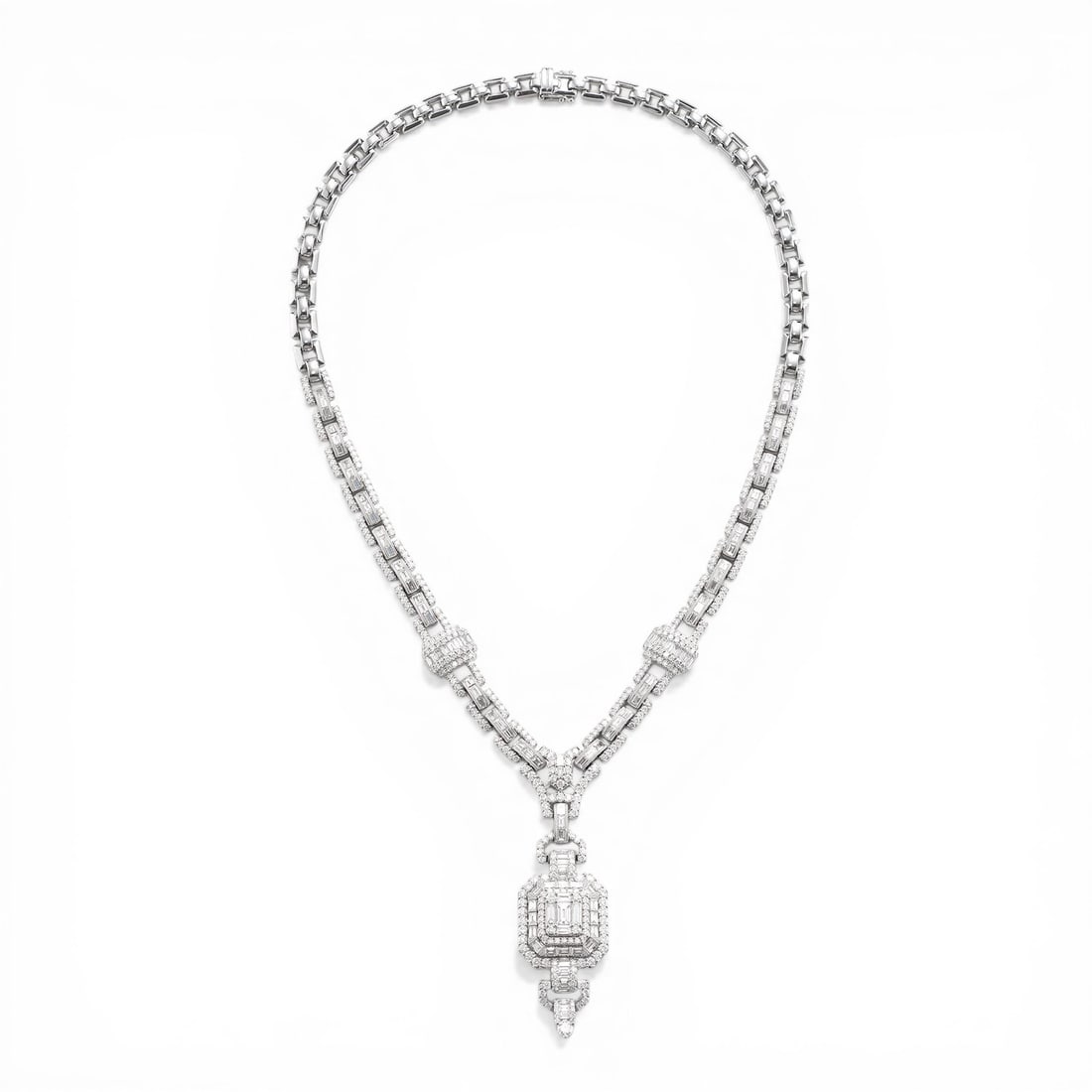 12.65 ctw Baguette & Round Diamond 18K White Gold Necklace: A vision of luxury, this stunning Baguette necklace featuring White Diamond defines sophistication. The gemstones are nestled within a Channel and Pave framework, supported by a substantial 82.0 grams