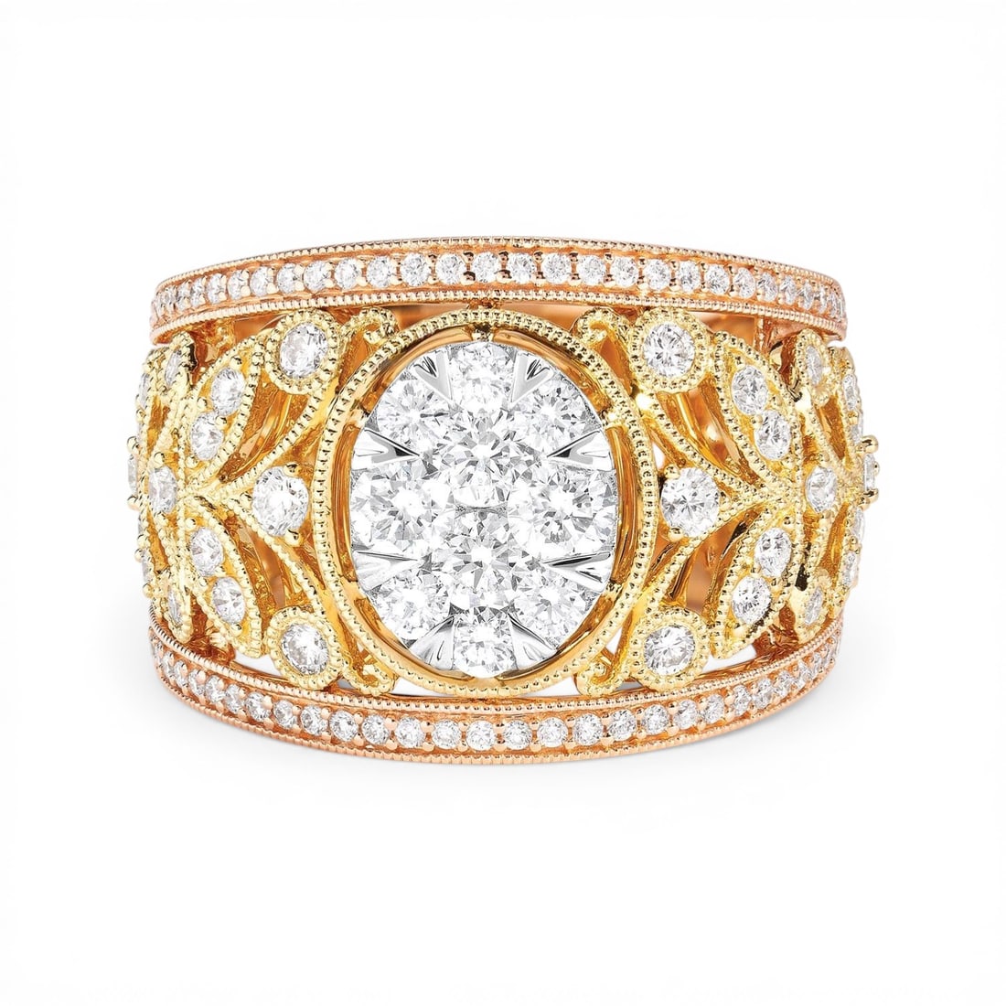 1.34 ctw Diamond 18K Tri-Color Gold Ring: A symphony of light and color, this magnificent Fiori Oval Cluster ring featuring White Diamond embodies the pinnacle of luxury. The gemstones are nestled within a Cluster framework, supported by a su