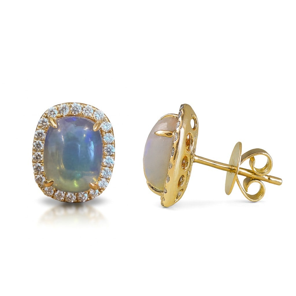 3.22ct Opal and 0.40ctw Diamond 14K Yellow Gold Stud Earrings: A vision of luxury, this stunning Halo pair of earrings featuring Opal, White Diamond defines sophistication. Expertly mounted in a Halo setting, the earrings are crafted in 3.42 grams of solid 14K Ye