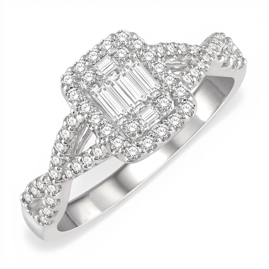 0.51 ctw Fusion Diamond Entwined Shank 14K White Gold Ring: Rare and radiant, this magnificent Entwined Shank ring featuring Natural Diamonds offers a touch of the extraordinary. A detailed Halo gallery secures the stones, rendered in 4.35 grams of lustrous 14