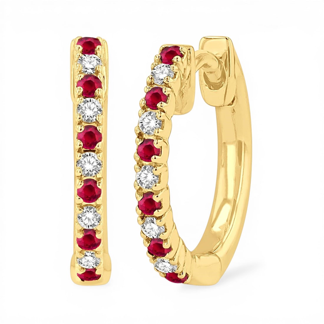 1.35mm Ruby & 0.11 ctw Diamond Huggie 10K Yellow Gold Earrings: Exuding opulence and grace, this elegant Huggies pair of earrings featuring Ruby, White Diamond is crafted for the distinguished. Showcasing the gems in an Eternity Style Hoop arrangement, the earring