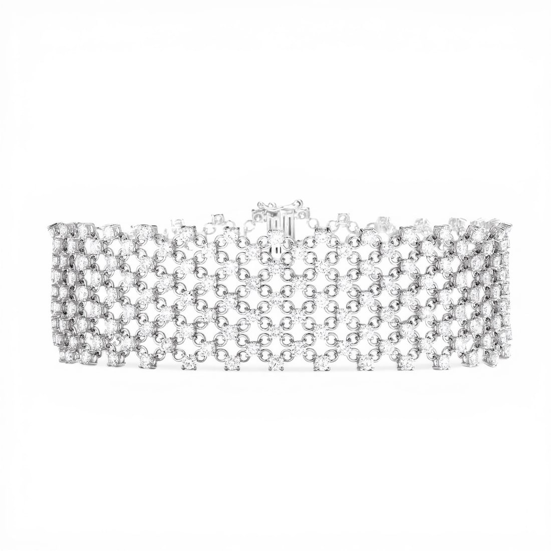 11.49 ctw White Diamond Woven Silk 18K White Gold Bracelet: Epitomizing grandeur, this elegant Woven Silk bracelet featuring White Diamond stands as a beacon of refined taste. Crafted with precision, the Mesh/Fabric Link setting is seamlessly integrated into 2