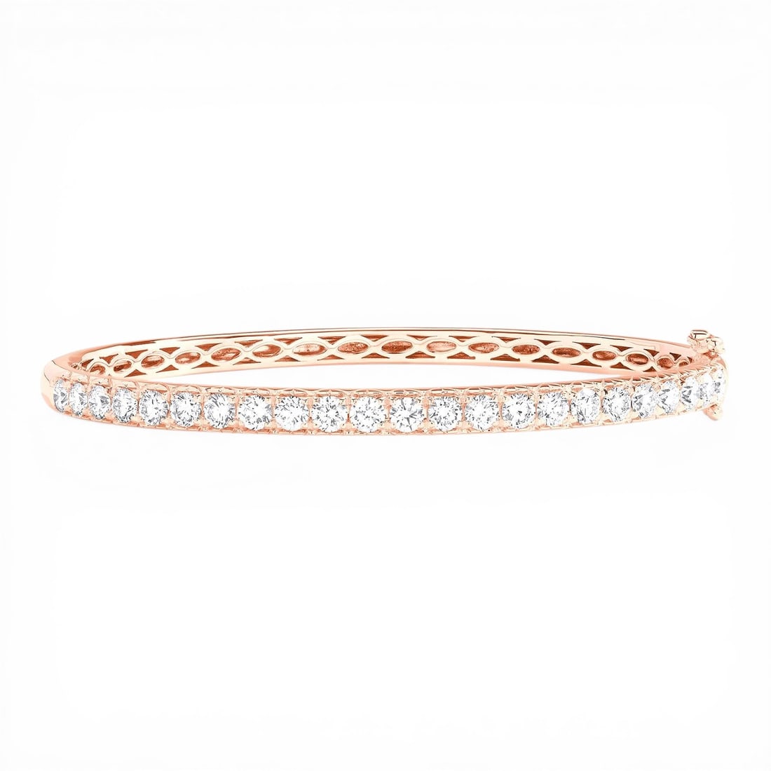 Duchess Timeless 2.99 ctw Diamond 18K Rose Gold Bangle Bracelet: Rare and radiant, this breathtaking Timeless bangle featuring White Diamond offers a touch of the extraordinary. Showcasing the gems in a Shared Prong arrangement, the bangle consists of 15.75 g of 18