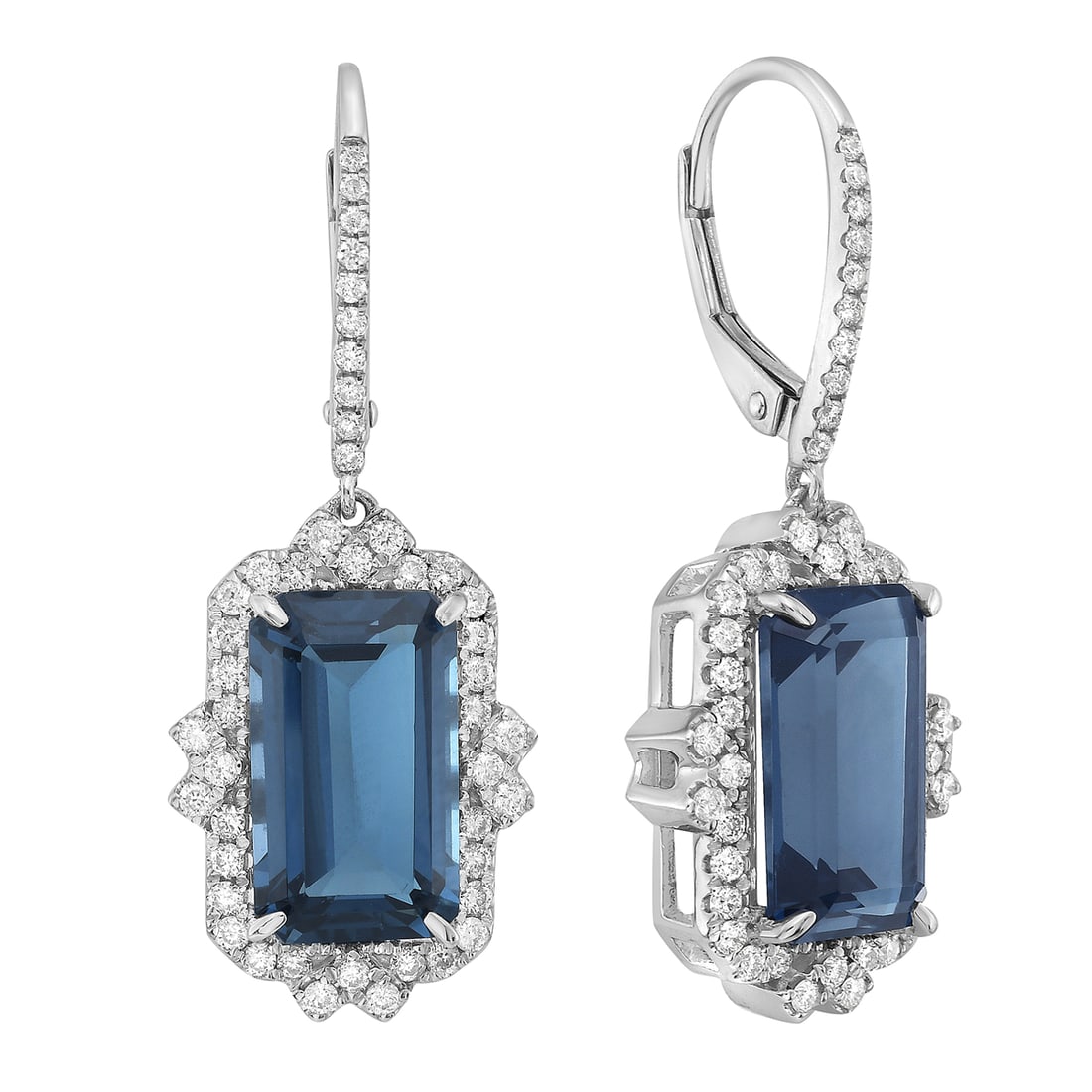 14k White Gold Blue Topaz and Diamond Halo Dangle Earrings: Elegant and refined, these exquisite dangle earrings feature captivating Blue Topaz stones, exuding a serene blue hue. The stones are securely set in a sophisticated prong design, surrounded by a halo