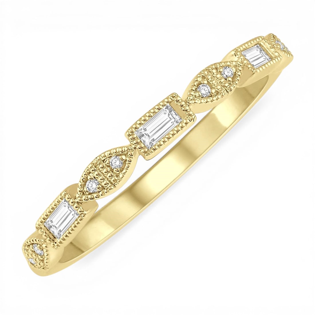 0.10ctw Baguette & Round Diamond 14K Yellow Gold Stackable Band Ring: Defining modern elegance, this elegant dainty ring featuring White Diamond captures the essence of style. The gemstones are nestled within a Band framework, supported by a substantial 1.9 grams 14K Ye