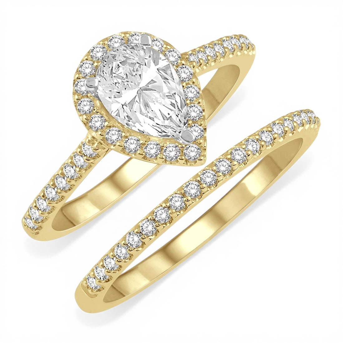 0.53 ctw Pear Diamond Halo Wedding Set 14K Yellow & White Gold: An exquisite masterpiece of haute joaillerie, this magnificent Halo ring set featuring Natural Diamonds is a true treasure. Crafted with precision, the Halo setting is seamlessly integrated into 4.65 
