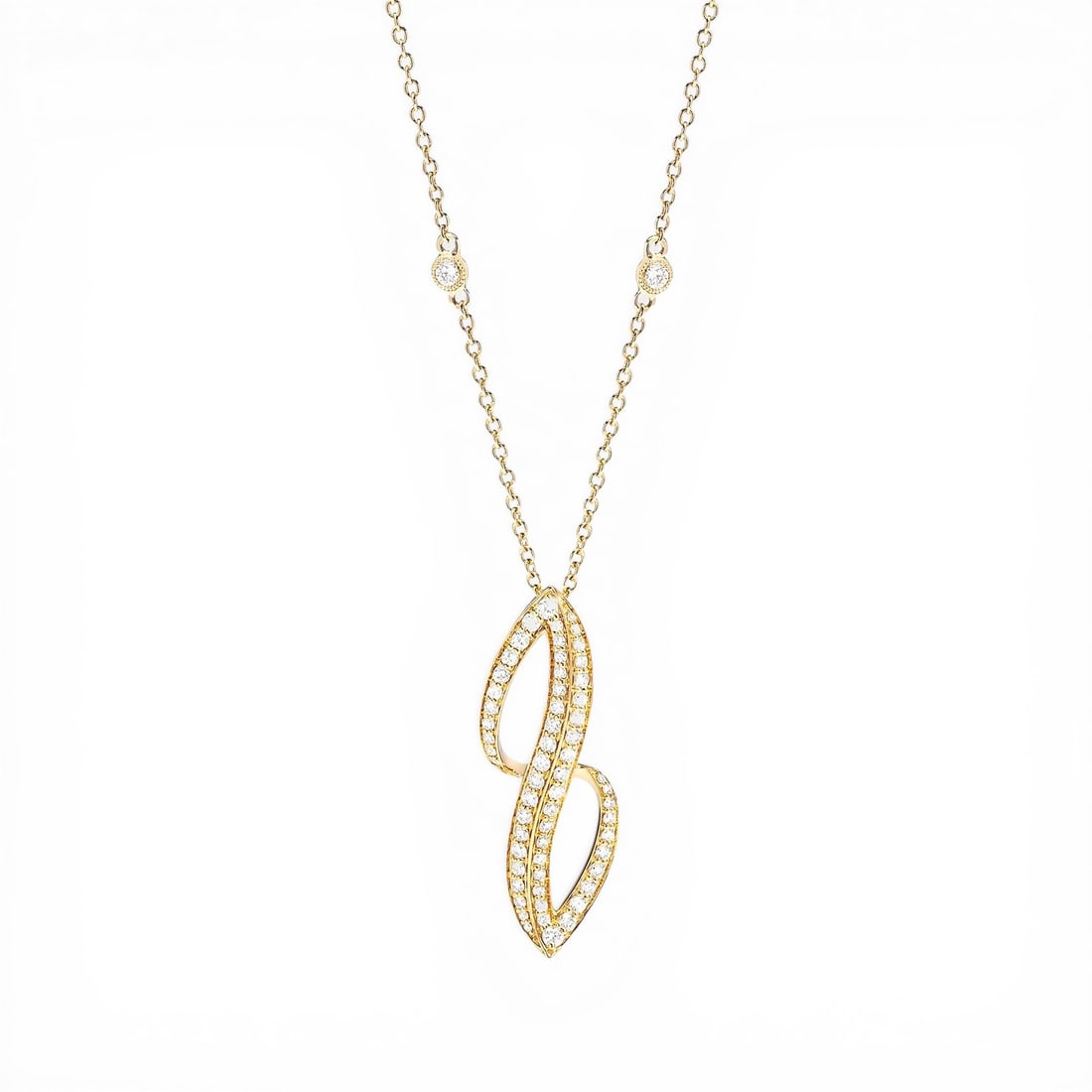 0.79 ctw White Diamond Dagr Curve 18K Yellow Gold Pendant Necklace: Captured in a moment of brilliance, this breathtaking Dagr Curve necklace featuring White Diamond speaks to the connoisseur. Securely held in a classic Micro-Pave Ribbon design, the necklace is forged