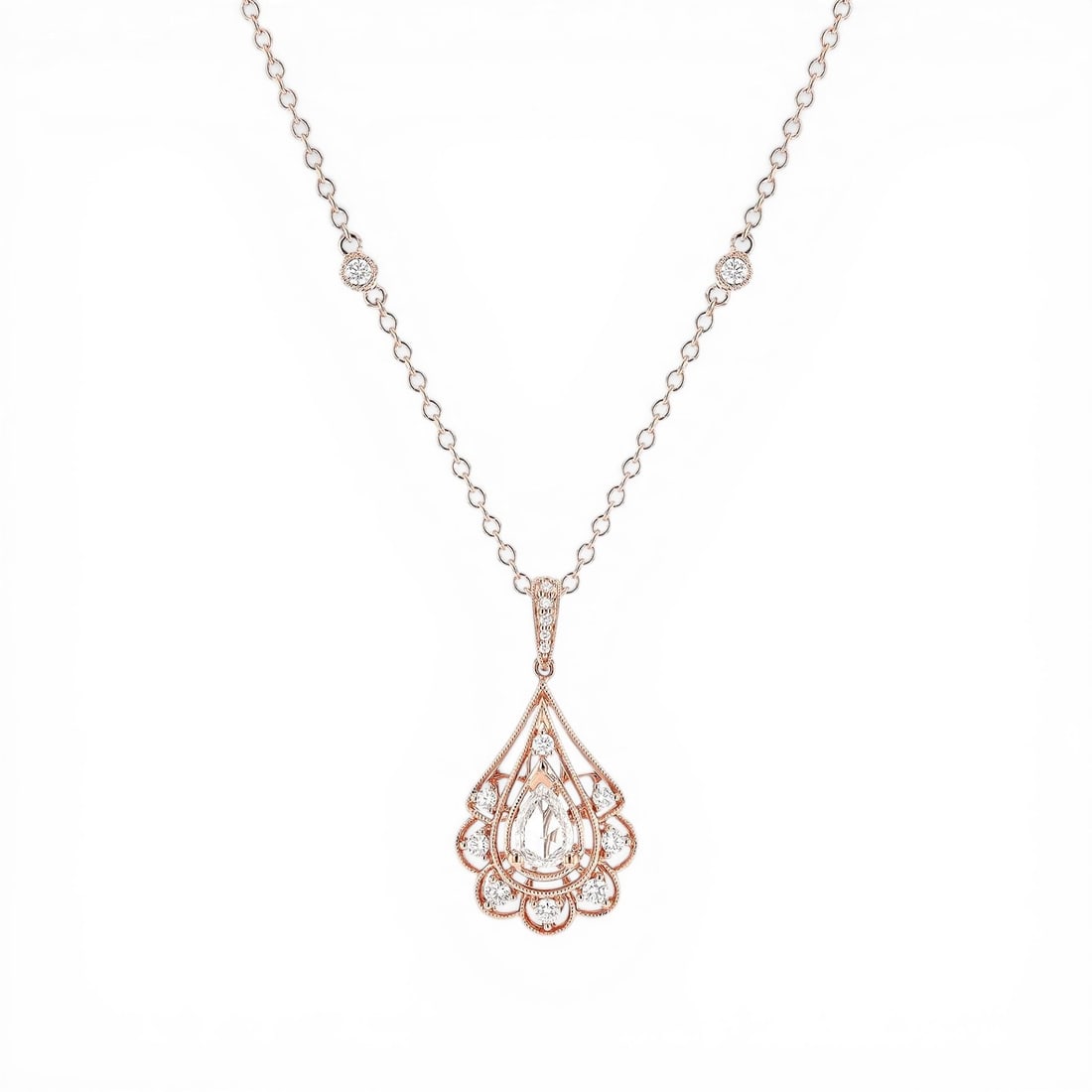 0.9 ctw Rose Cut Diamond Floral Drop 18K Rose Gold Pendant: Timeless and sophisticated, this elegant Floral Drop pendant featuring White Diamond radiates enduring beauty. The gemstones are nestled within a Halo framework, supported by a substantial 2.8 grams 1