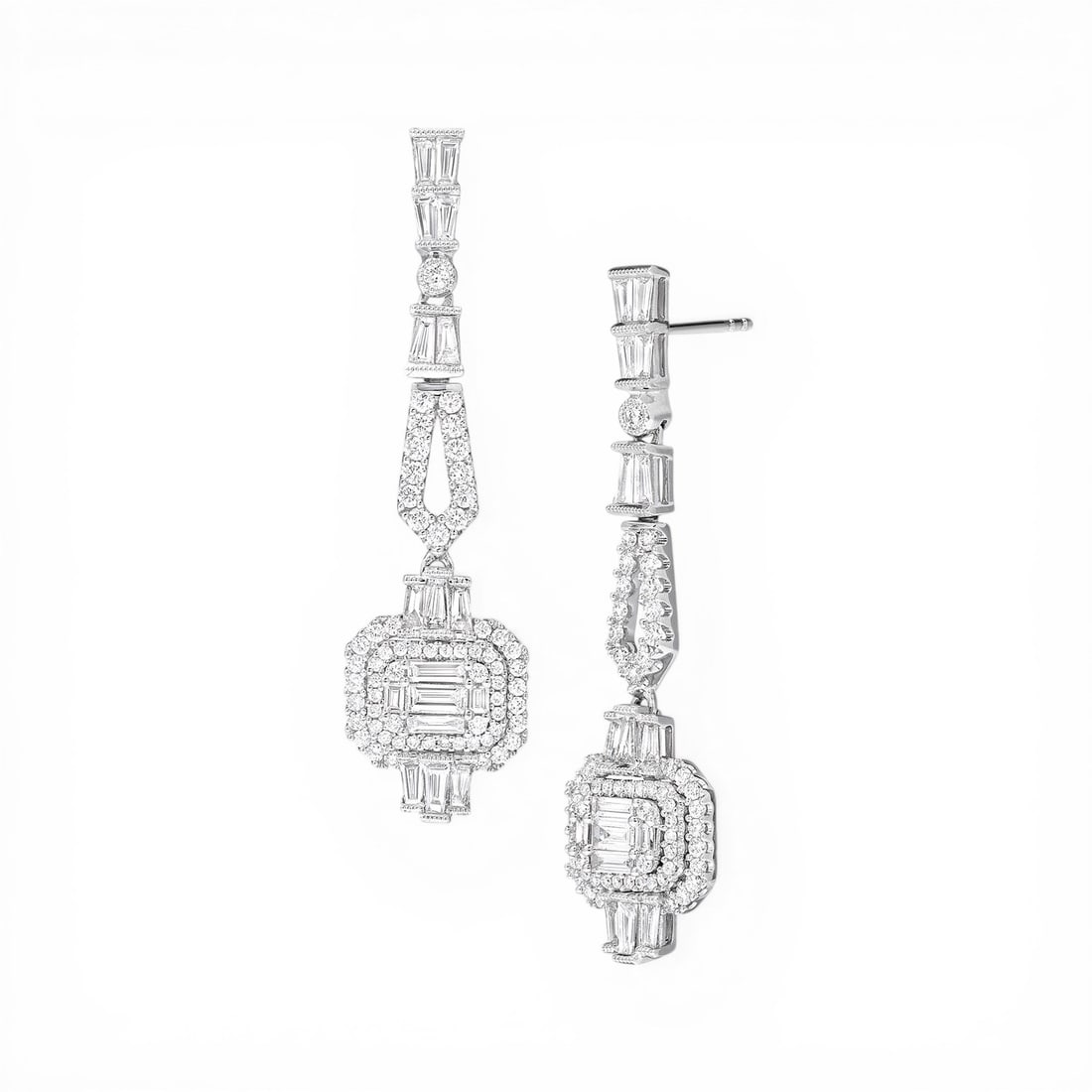 Empress Vintage 1.94 ctw Diamond East-West 18K White Gold Earrings: A vision of luxury, this magnificent East-West pair of earrings featuring White Diamond defines sophistication. The gemstones are nestled within a Halo framework, supported by a substantial 7.5 grams 