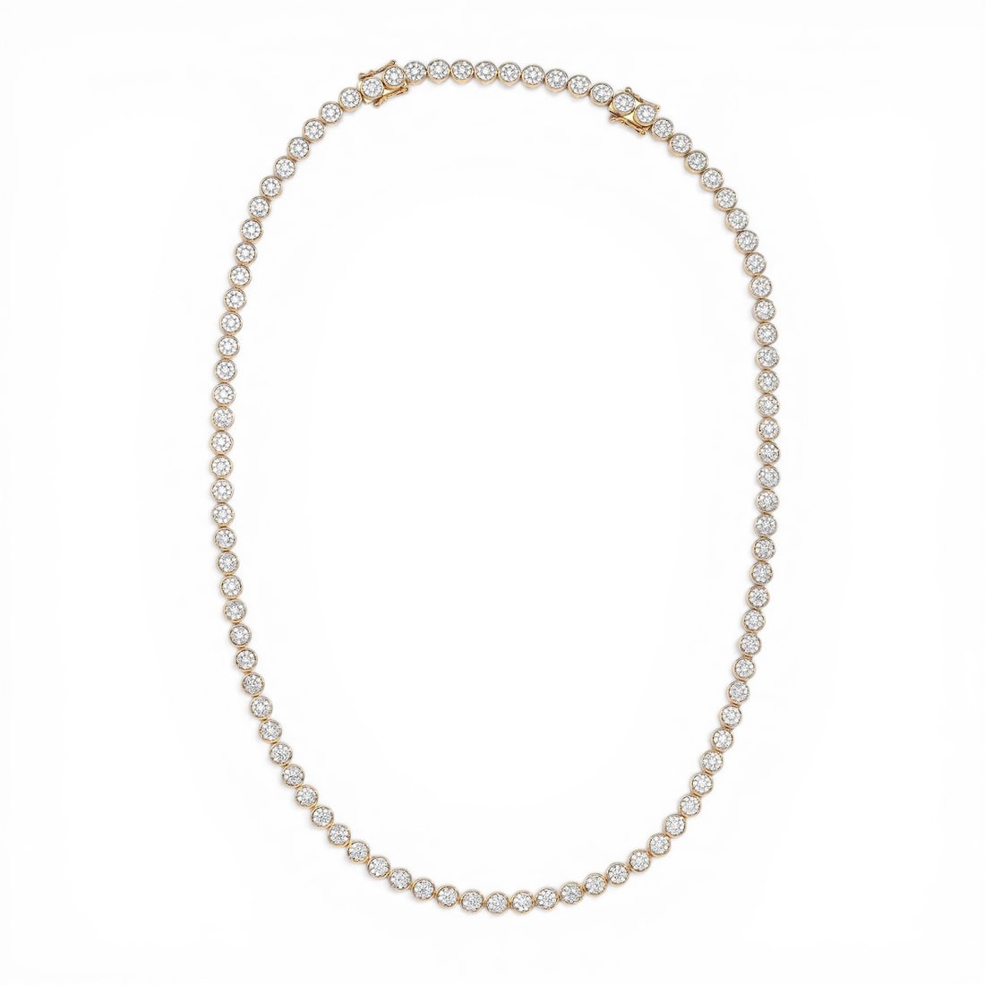 6.51 ctw White Diamond Cluster Tennis 18K Yellow & White Gold Necklace: Exuding opulence and grace, this elegant Cluster Bezel-Set necklace featuring Natural Diamonds is crafted for the distinguished. Crafted with precision, the Cluster/Bezel-Set Continuous Line setting i