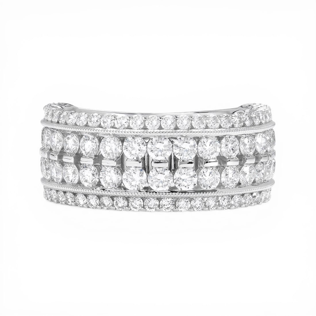 Duchess Classic 2.36 ctw Diamond 4-Row 18K White Gold Band Ring: Exuding opulence and grace, this breathtaking 4-Row ring featuring Natural Diamonds is crafted for the distinguished. Showcasing the gems in a Multi-Row Band arrangement, the ring consists of 8.5 gram