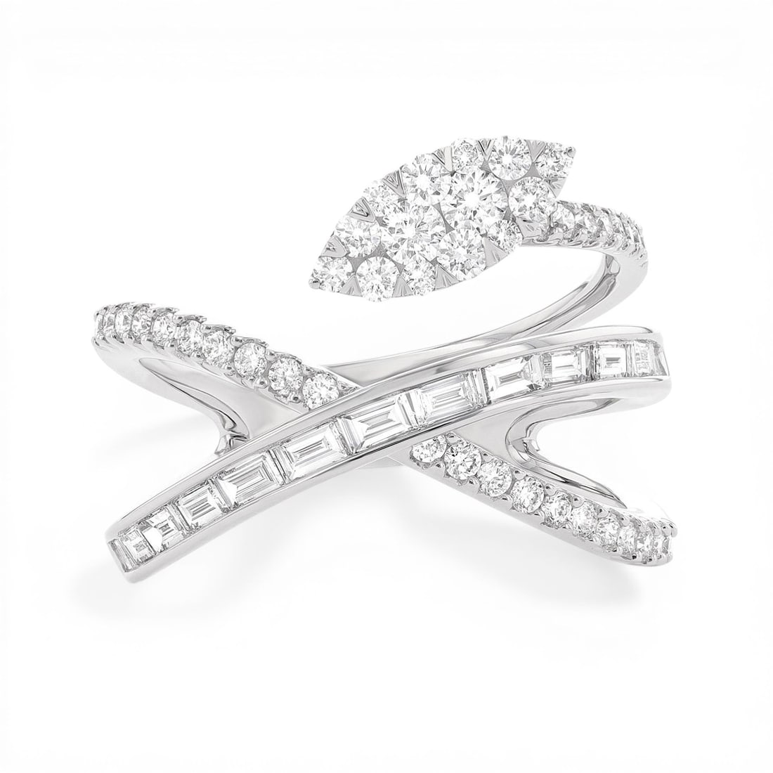 0.99 ctw Diamond Fiori Cluster 18K White Gold Ring Size 7: A symphony of light and color, this magnificent Cluster ring featuring White Diamond embodies the pinnacle of luxury. Expertly mounted in a Bypass setting, the ring is crafted in 5.0 grams of solid 18