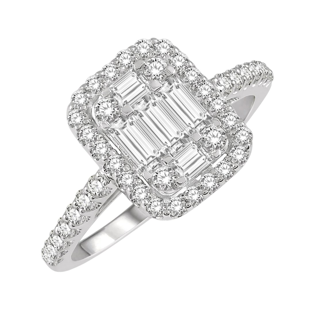 0.51 ctw Baguette & Round Diamond Halo 14K White Gold Ring: A vision of luxury, this magnificent Halo ring featuring White Diamond defines sophistication. Securely held in a classic Halo design, the ring is forged from 3.8 grams of high-polish 14K White Gold. 