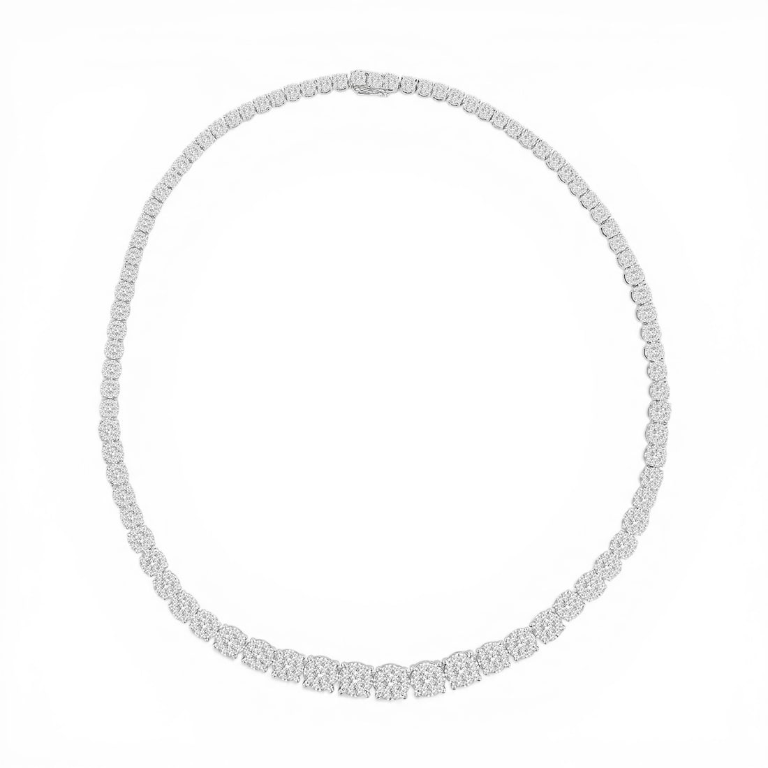 17in 15.08 ctw White Diamond Fiori Cluster 18K White Gold Necklace: Defining modern elegance, this exquisite Fiori Cluster necklace featuring White Diamonds captures the essence of style. Expertly mounted in a Cluster setting, the necklace is crafted in 43.5 grams of 