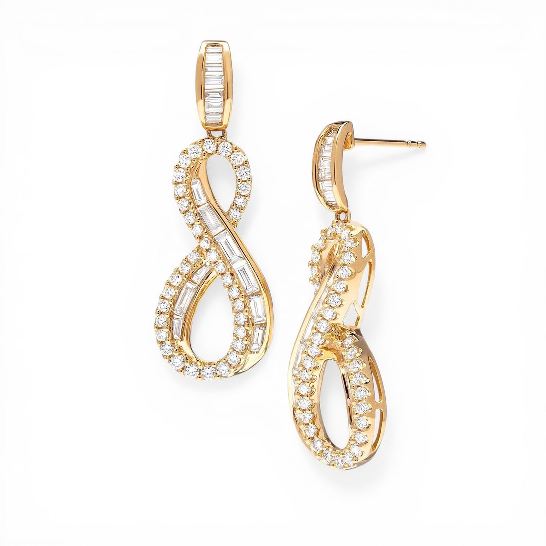 1.69 ctw Diamond Infinity Drop 18K Yellow Gold Earrings: Exuding opulence and grace, this breathtaking Infinity pair of earrings featuring Natural White Diamonds is crafted for the distinguished. A detailed Drop gallery secures the stones, rendered in 6.75 