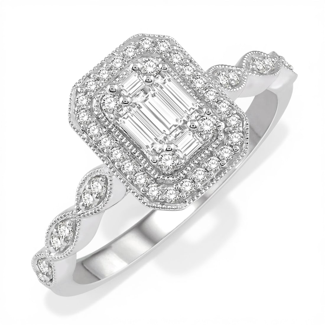 0.37 ctw Emerald Shape Diamond Fusion 14K White Gold Engagement Ring: A vision of luxury, this exquisite Emerald Shape ring featuring White Diamond defines sophistication. Expertly mounted in a Halo setting, the ring is crafted in 3.15 grams of solid 14K White Gold, fin