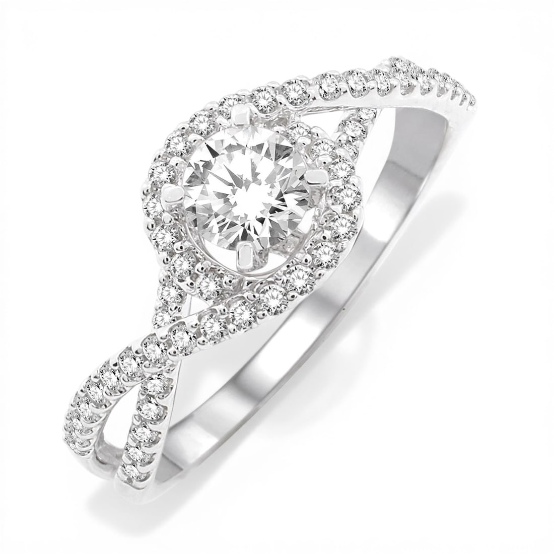 0.61 ctw Diamond Halo Swirl 14K White Gold Engagement Ring: Captured in a moment of brilliance, this elegant Halo Swirl ring featuring White Diamond speaks to the connoisseur. Expertly mounted in a Halo setting, the ring is crafted in 2.35 grams of solid 14K W