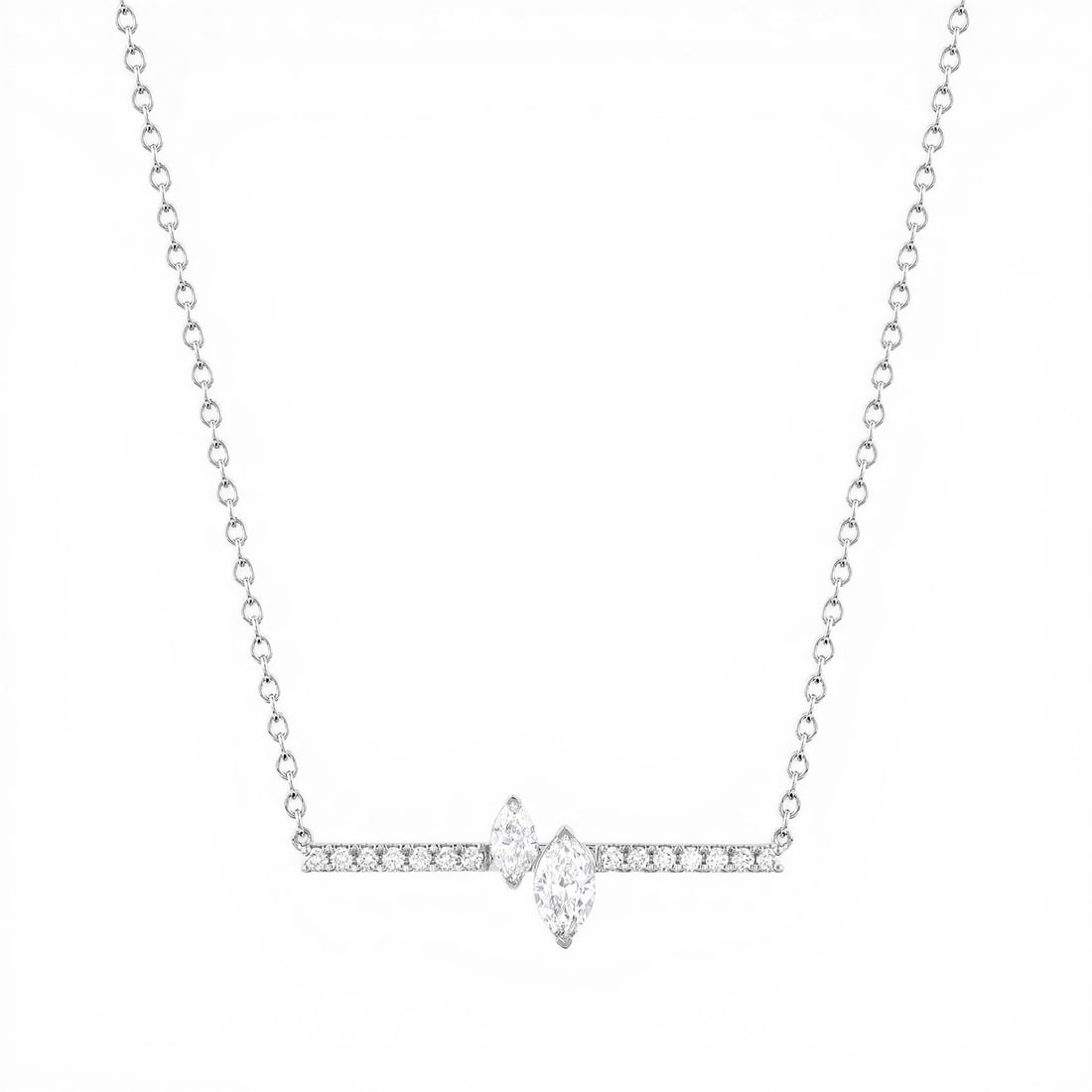 0.80 ctw Marquise & Round Diamond 18K White Gold Necklace: Exuding opulence and grace, this breathtaking Paradox Floating necklace featuring White Diamond is crafted for the distinguished. A detailed Bar gallery secures the stones, rendered in 1.15 grams of l