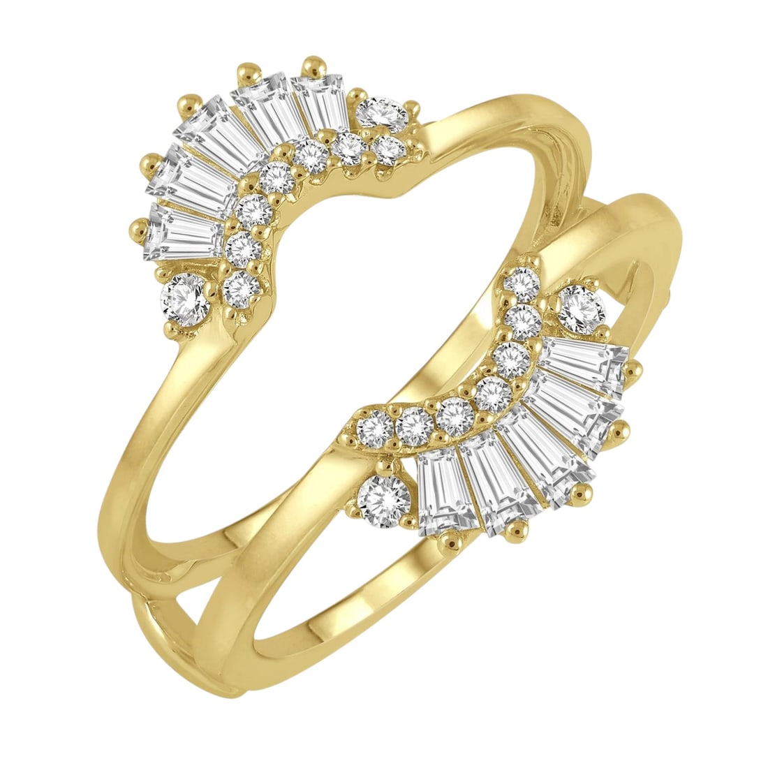 0.55 ctw Baguette and Round Diamond 14K Yellow Gold Insert Ring: A testament to superior craftsmanship, this stunning Tiara Insert ring featuring White Diamond is unparalleled. Showcasing the gems in a Cluster arrangement, the ring consists of 3.35 grams of 14K Yel