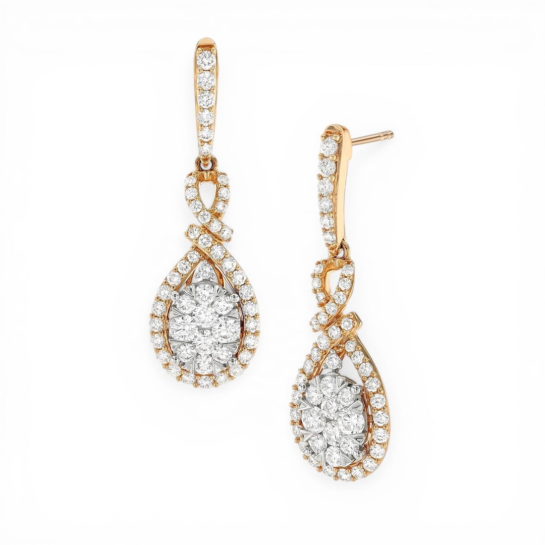 1.71 ctw White Diamond Fiori Cluster 18K Yellow & White Gold Earrings: Timeless and sophisticated, this stunning Intertwined Cluster pair of earrings featuring White Diamond radiates enduring beauty. Securely held in a classic Cluster/Halo Drop design, the earrings are f