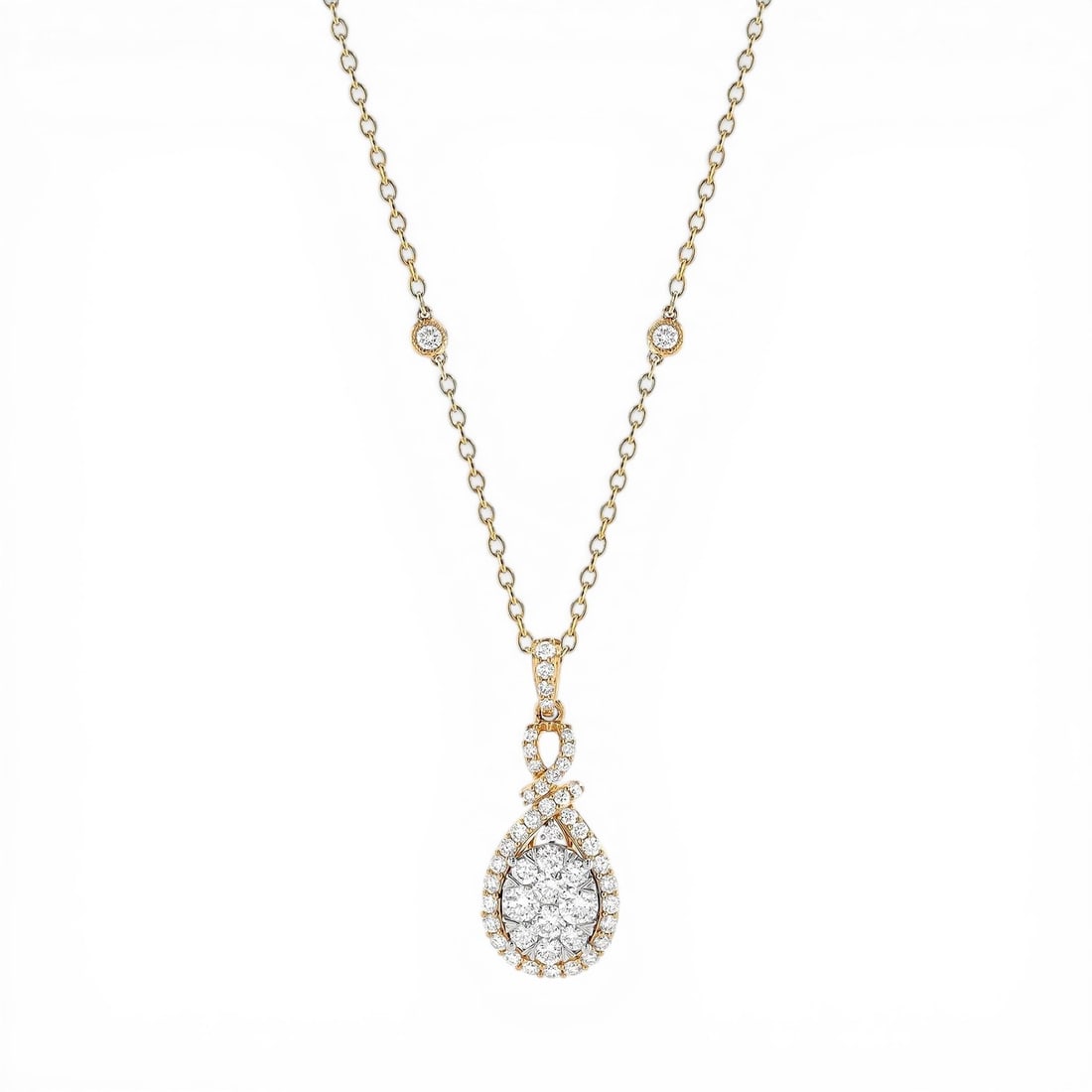 1.28 ctw White Diamond Fiori Intertwined 18K Yellow & White Gold Pendant: Rare and radiant, this breathtaking Intertwined necklace featuring White Diamond offers a touch of the extraordinary. Crafted with precision, the Halo setting is seamlessly integrated into 3.05 grams 