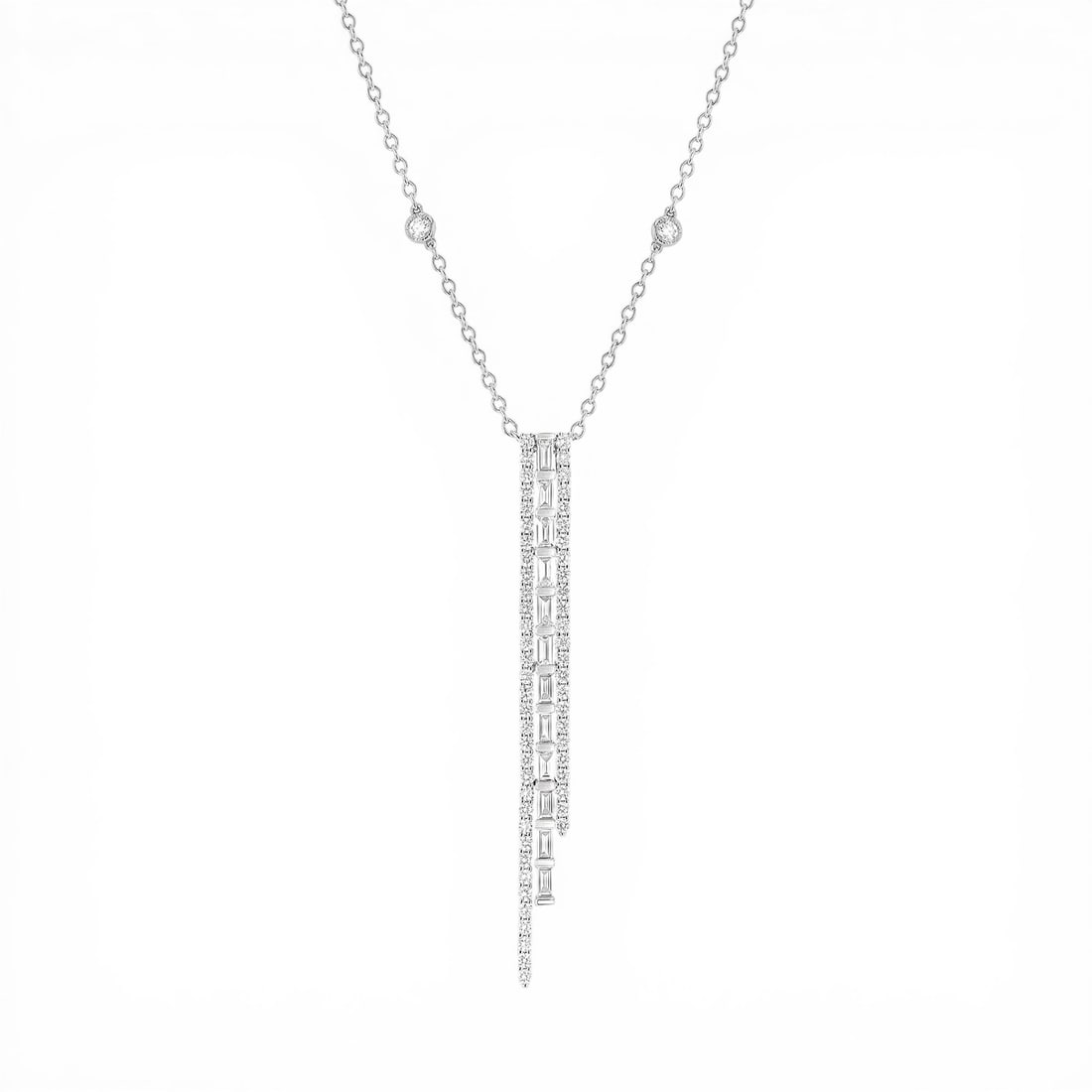 1.52 ctw Baguette & Round Diamond 18K White Gold Pendant: A vision of luxury, this breathtaking Graduating 3-Row pendant featuring White Diamond defines sophistication. The gemstones are nestled within a Linear Drop framework, supported by a substantial 3.4 