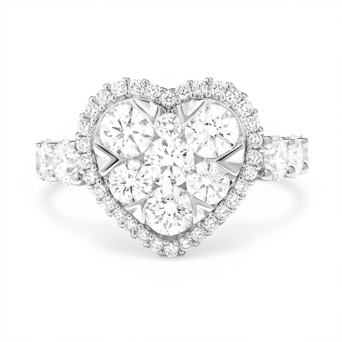 3.02 ctw Diamond Fiori Heart Cluster 18K White Gold Cocktail Ring: An exquisite masterpiece of haute joaillerie, this breathtaking Fiori Heart Cluster ring featuring White Diamond is a true treasure. A detailed Cluster gallery secures the stones, rendered in 7.0 gram