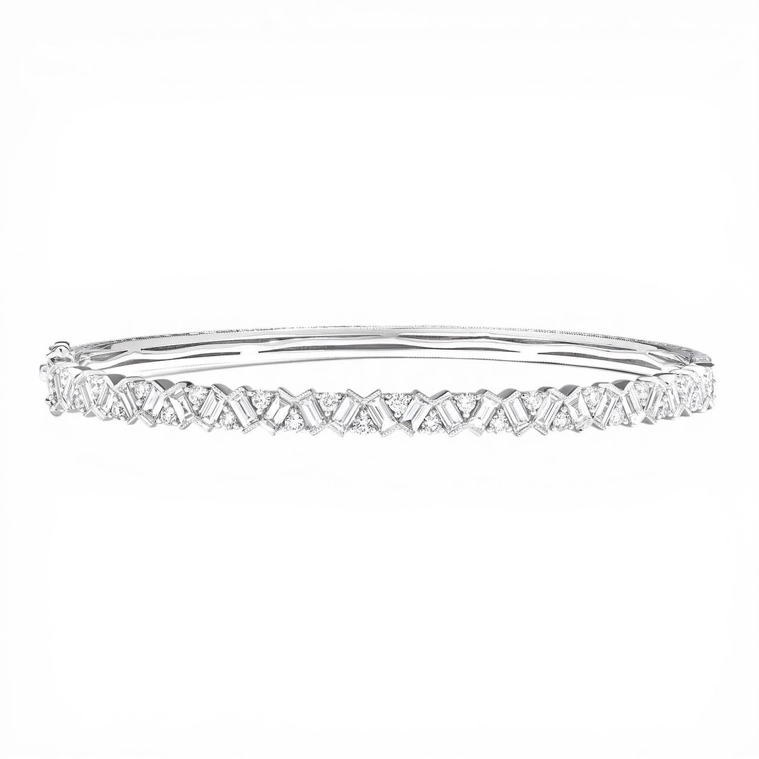 2.07 ctw Diamond Baguette & Round 18K White Gold Bangle: A testament to superior craftsmanship, this breathtaking Line/Eternity bangle featuring White Diamond is unparalleled. Showcasing the gems in a Line/Eternity arrangement, the bangle consists of 14.15 