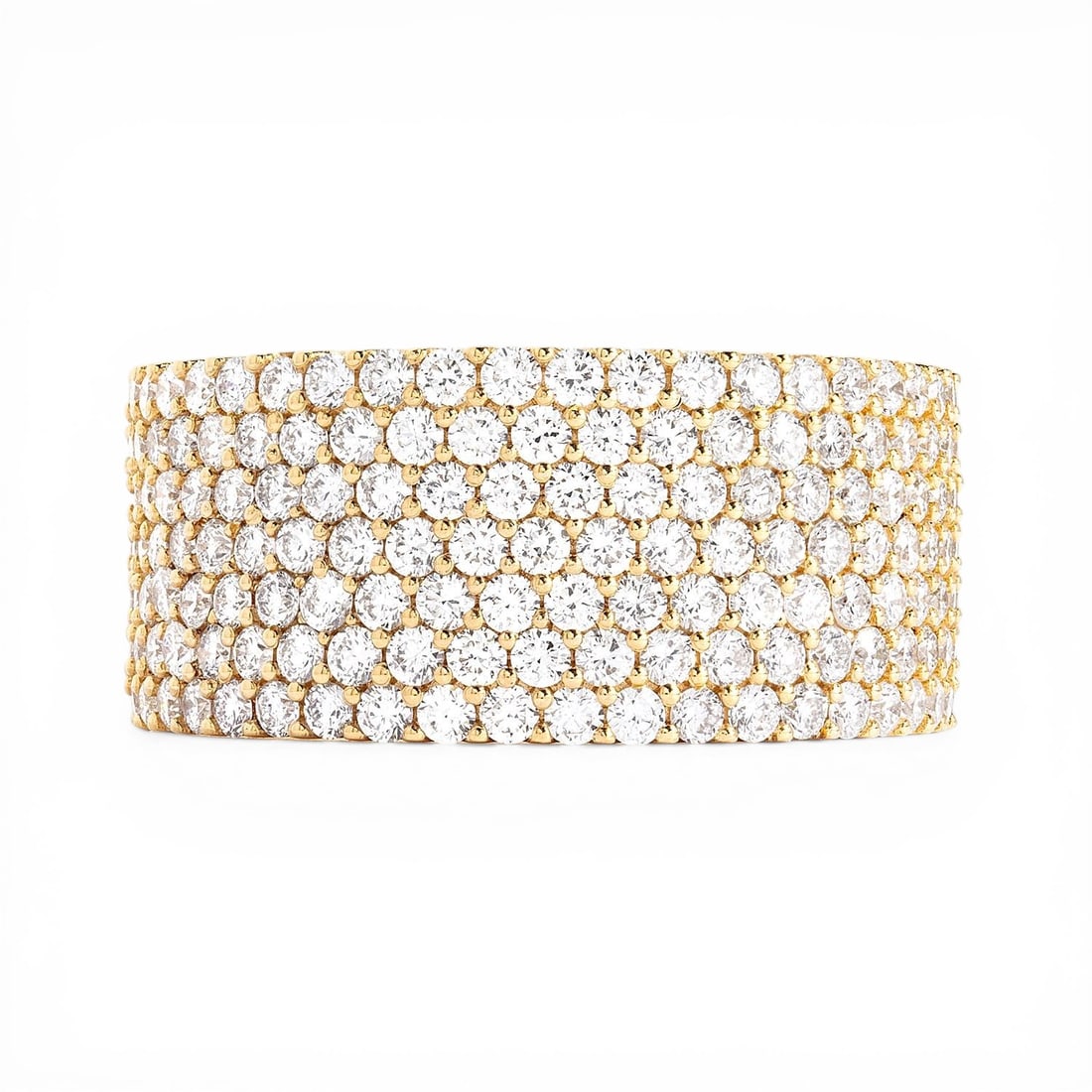 2.05 ctw White Diamond 7-Row Pave 18K Yellow Gold Band Ring: Defining modern elegance, this magnificent 7-Row Classic ring featuring White Diamond captures the essence of style. Securely held in a classic Pave Band design, the ring is forged from 10.05 grams of