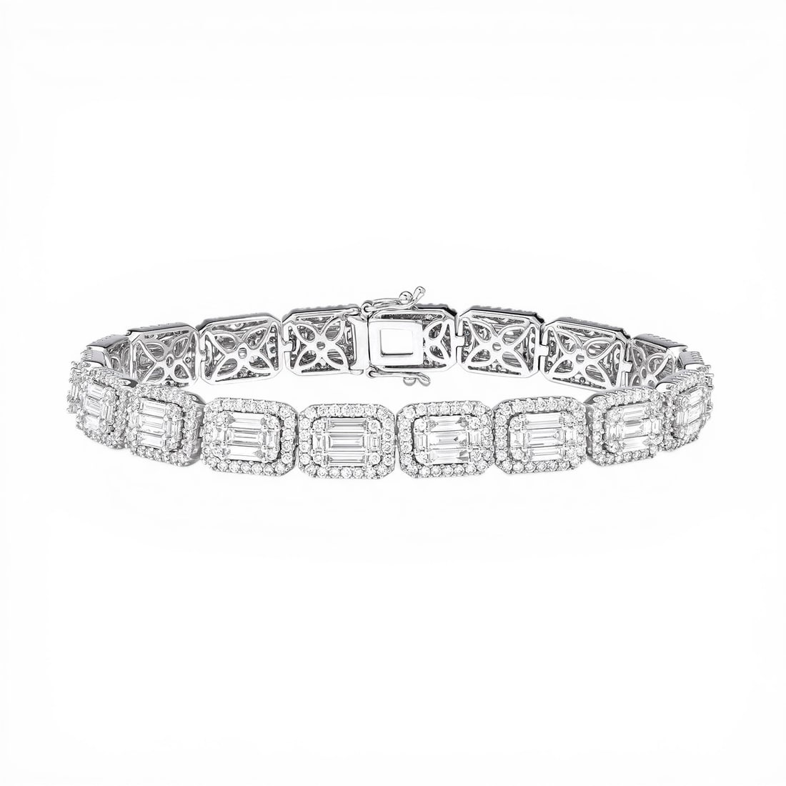 8.28 ctw Baguette and Round Diamond 18K White Gold Tennis Bracelet: An exquisite masterpiece of haute joaillerie, this breathtaking Baguette Cut bracelet featuring White Diamond is a true treasure. Showcasing the gems in a Halo arrangement, the bracelet consists of 27