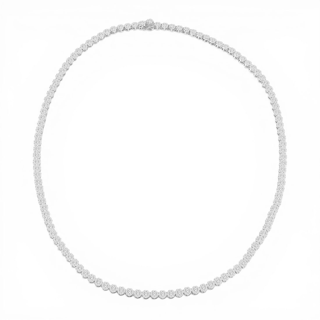 8.07 ctw White Diamond Fiori Eternity Cluster 18K White Gold Necklace: A vision of luxury, this magnificent Fiori Eternity Tennis Cluster necklace featuring White Diamond defines sophistication. Securely held in a classic Cluster design, the necklace is forged from 24.65