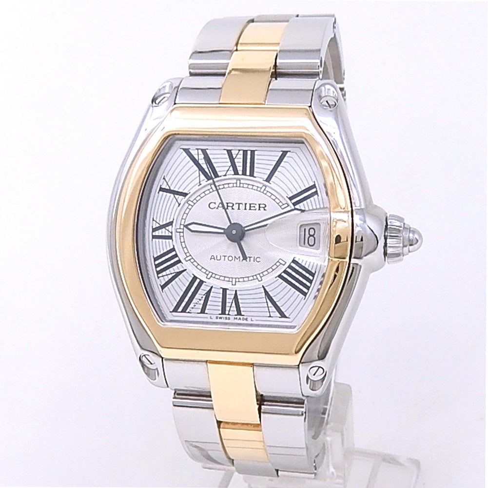 Cartier Roadster W62031Y4 18k Yellow Gold & Stainless Steel Silver Sunray Dial: The Cartier Roadster W62031Y4 is a masterful blend of automotive-inspired design and horological luxury. This striking timepiece features a bold case crafted from 18k yellow gold and stainless steel, 
