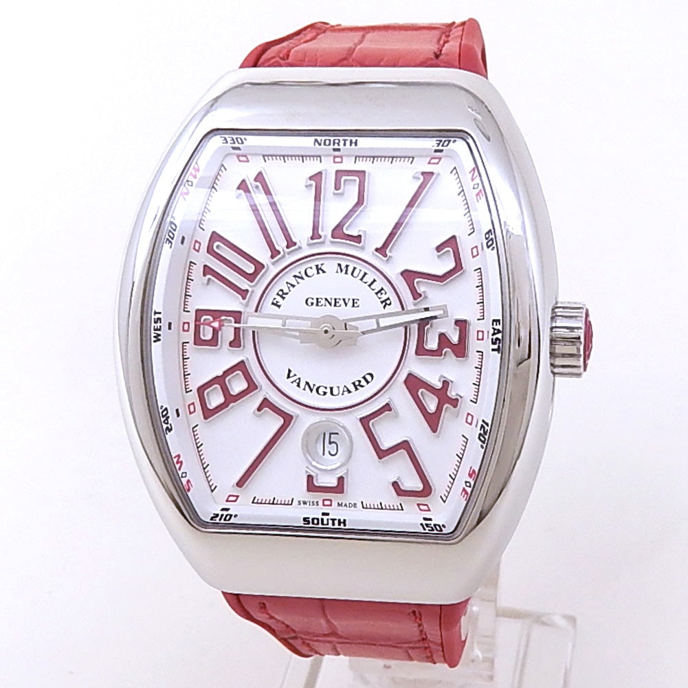 Franck Muller Vanguard V 41 SC DT Stainless Steel White Dial: Exhibiting a bold and contemporary silhouette, this Franck Muller Vanguard V 41 SC DT is a masterclass in modern horology. The tonneau-shaped case is meticulously crafted from stainless steel, providi