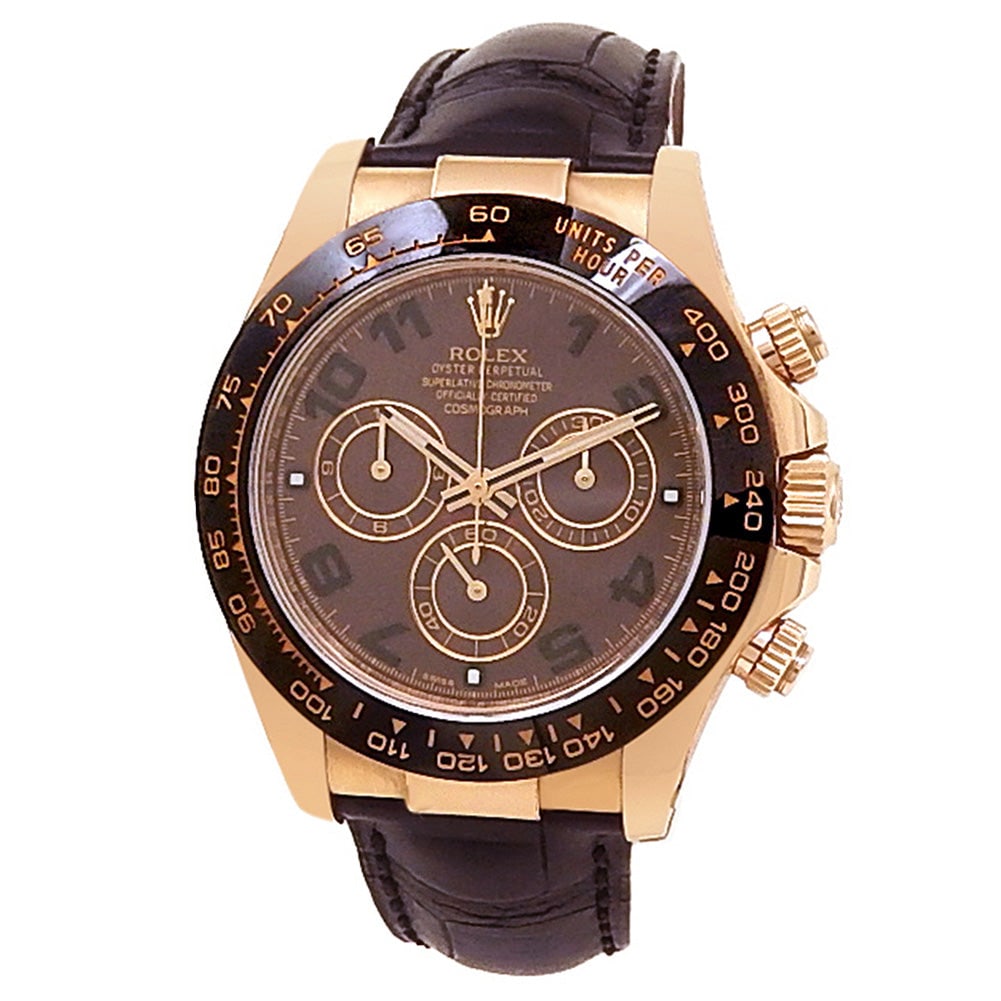 Rolex Daytona 116515LN 18k Everose Gold Chocolate Dial: The Rolex Daytona 116515LN represents a masterclass in luxury sport chronographs. This exquisite timepiece features a striking 40mm 18k Everose Gold case, beautifully complemented by a fixed ceramic b