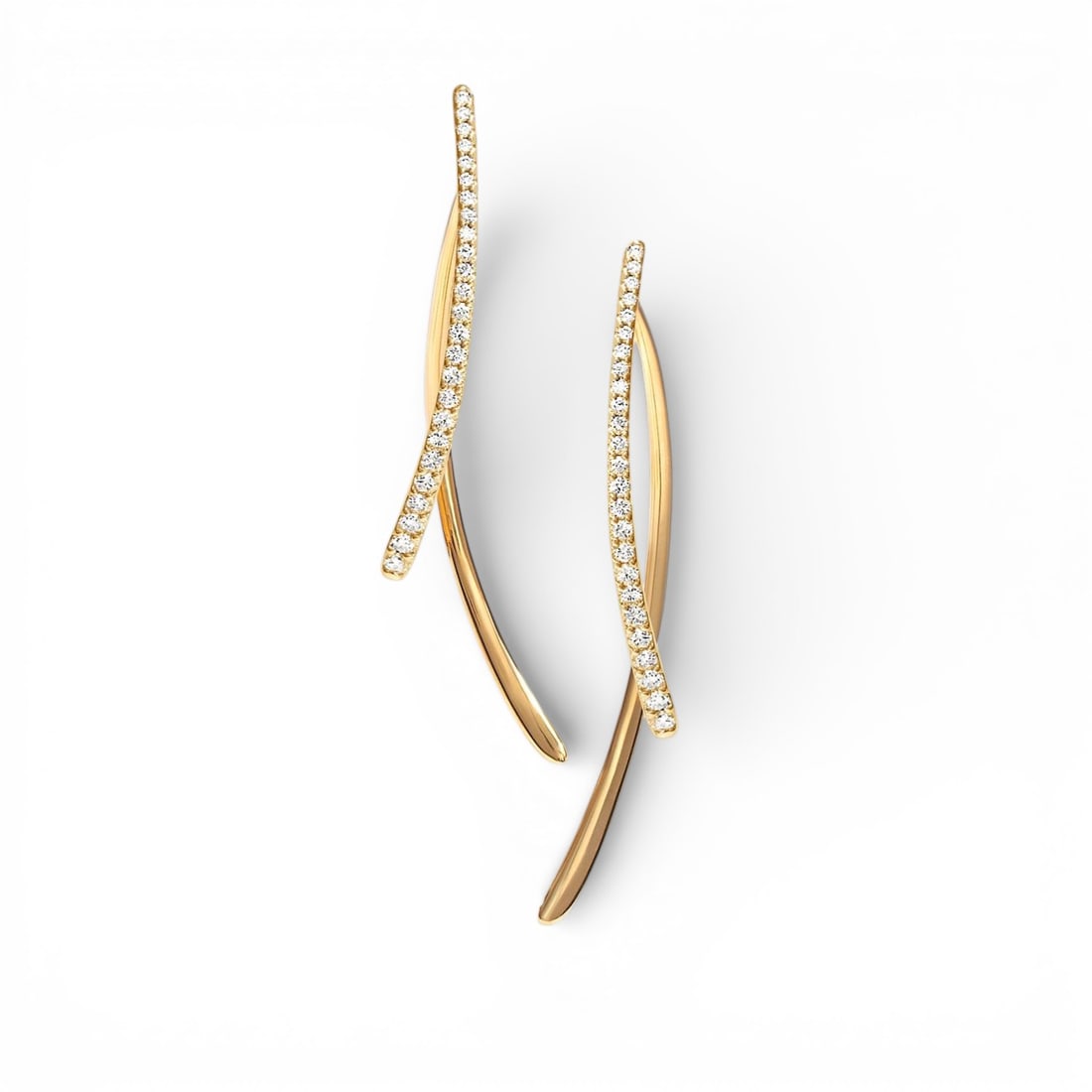 Duchess 0.98 ctw Diamond Long Curved Double Dangle 18K Yellow Gold Earrings: Timeless and sophisticated, this breathtaking Curved Double Dangle pair of earrings featuring White Diamond radiates enduring beauty. Expertly mounted in a Drop setting, the earrings is crafted in 7.7