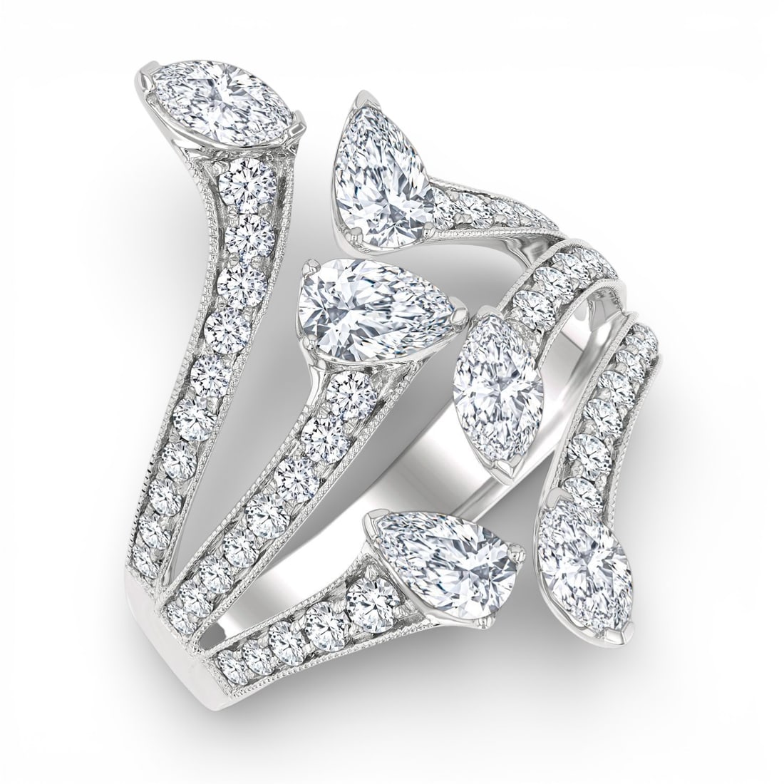 2.25 ctw Diamond Bypass Open Ring in 14K White Gold: Rare and radiant, this magnificent Bypass ring featuring White Diamond offers a touch of the extraordinary. Crafted with precision, the Bypass setting is seamlessly integrated into 5.95 grams of 14K W