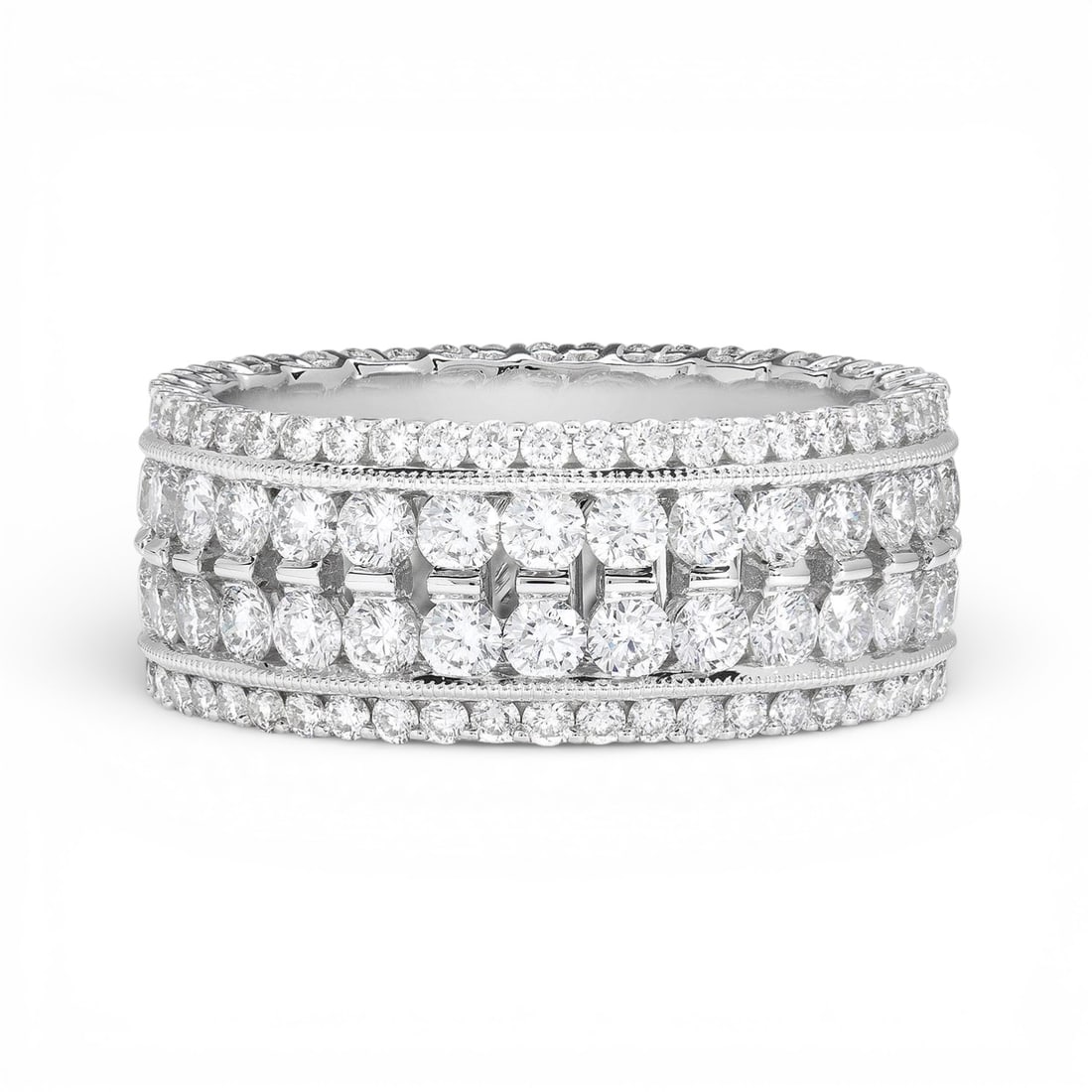 3.52 ctw Diamond 4-Row Eternity Band 18K White Gold Ring: A vision of luxury, this stunning 4-Row Eternity Band ring featuring White Diamond defines sophistication. Expertly mounted in an Eternity Band setting, the ring is crafted in 5.85 grams of solid 18K 