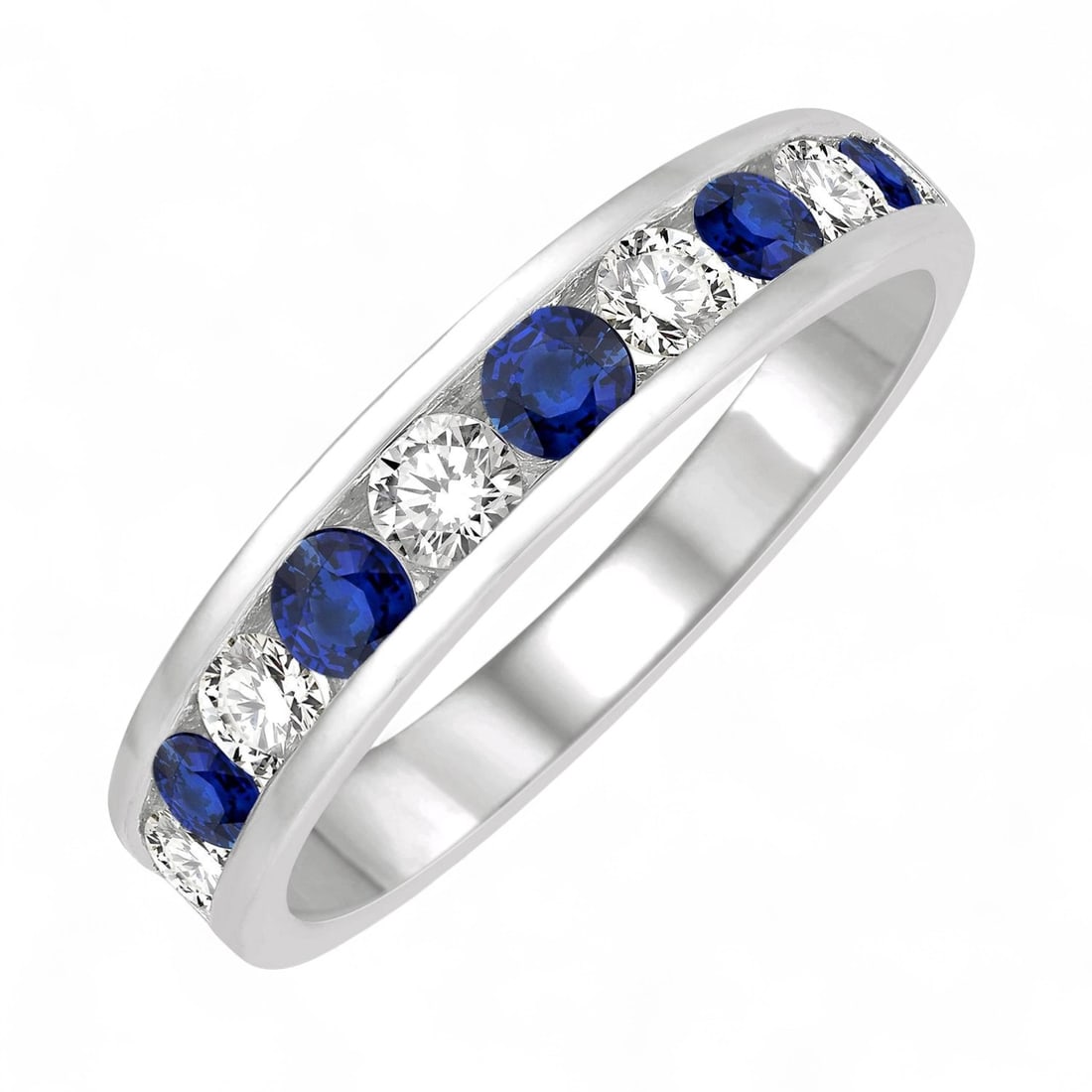 2.9 MM Blue Sapphire and 0.54 Ctw Wedding Band White Diamond Modern 14K White Gold Ring - Certified (1 of 3)
