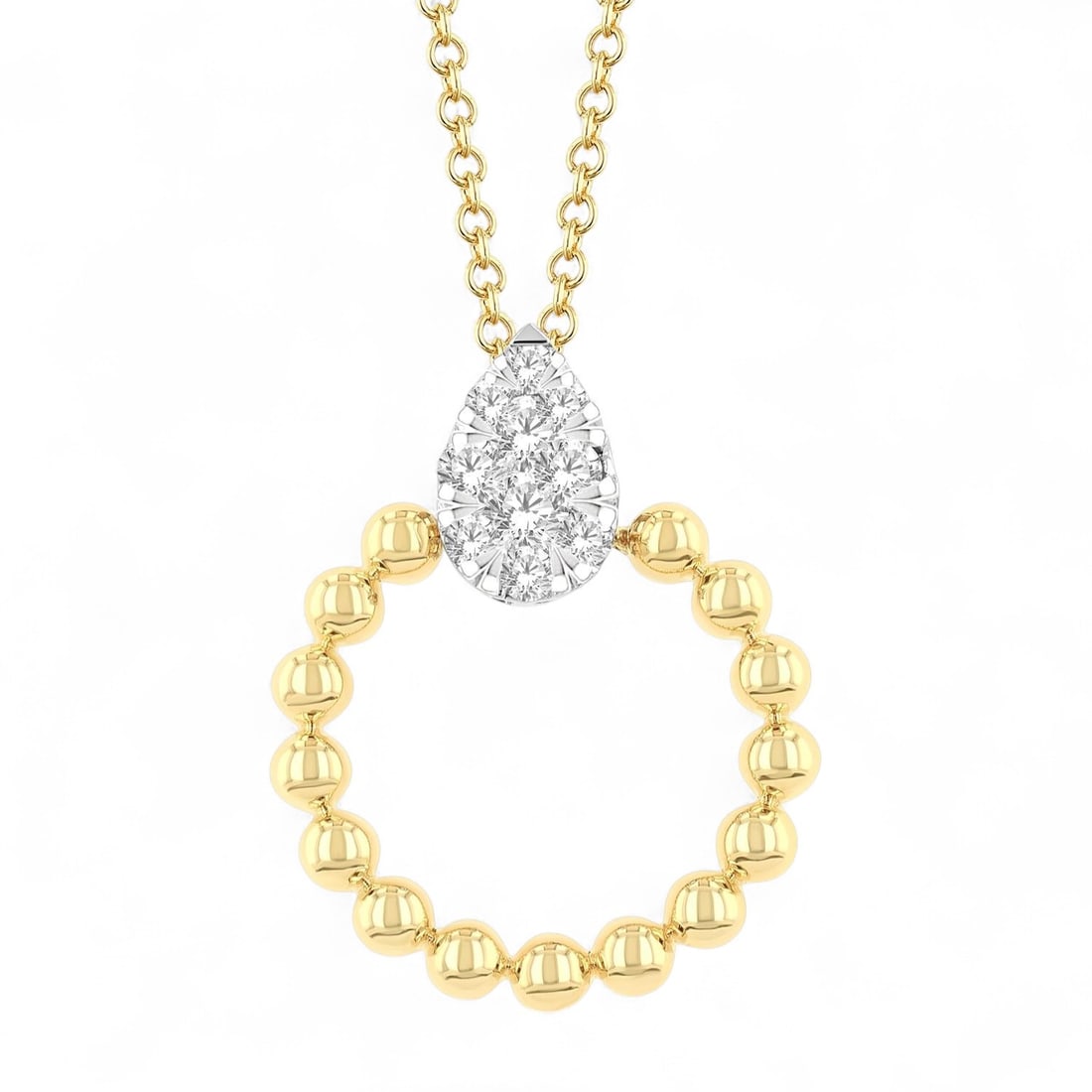 0.16 Ctw Bead Shank Pear Shape Cluster Diamond Modern 10K Yellow And White Gold Pendant - Certified: Exuding opulence and grace, this stunning Bead Shank Pear Shape Cluster pendant featuring Natural Diamonds is crafted for the distinguished. Showcasing the gems in a Cluster arrangement, the pendant c