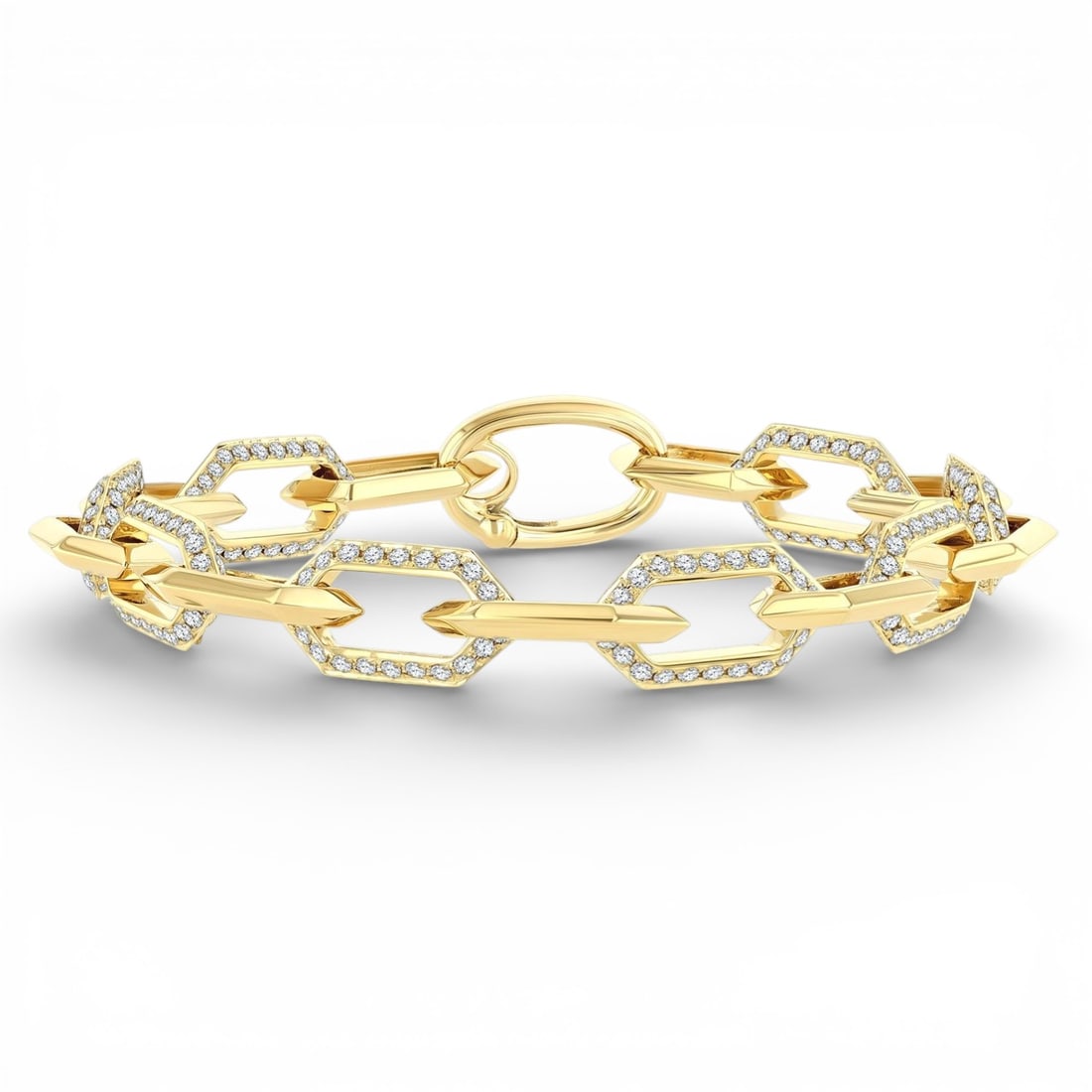 3.0 ctw Diamond Open Window Hexagon Link 14K Yellow Gold Bracelet: A vision of luxury, this stunning Open Window Hexagon Link bracelet featuring White Diamond defines sophistication. Expertly mounted in a Link setting, the bracelet is crafted in 15.2 grams of solid 1