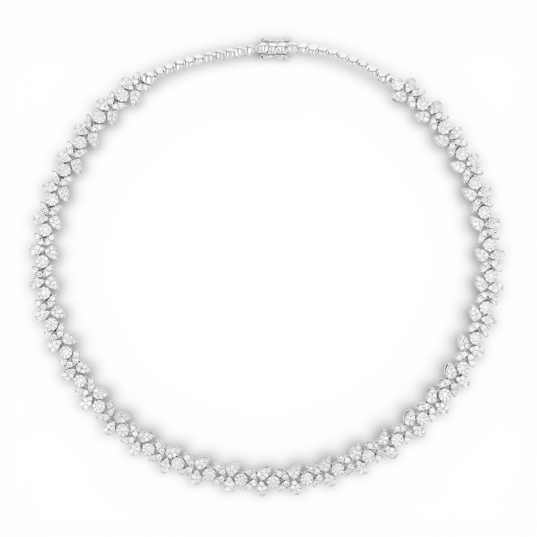 Fiori Floral 9.07 ctw White Diamond Cluster 18K White Gold Necklace: Exuding opulence and grace, this breathtaking Fiori Floral Riviera necklace featuring White Diamonds is crafted for the distinguished. Crafted with precision, the Cluster setting is seamlessly integra