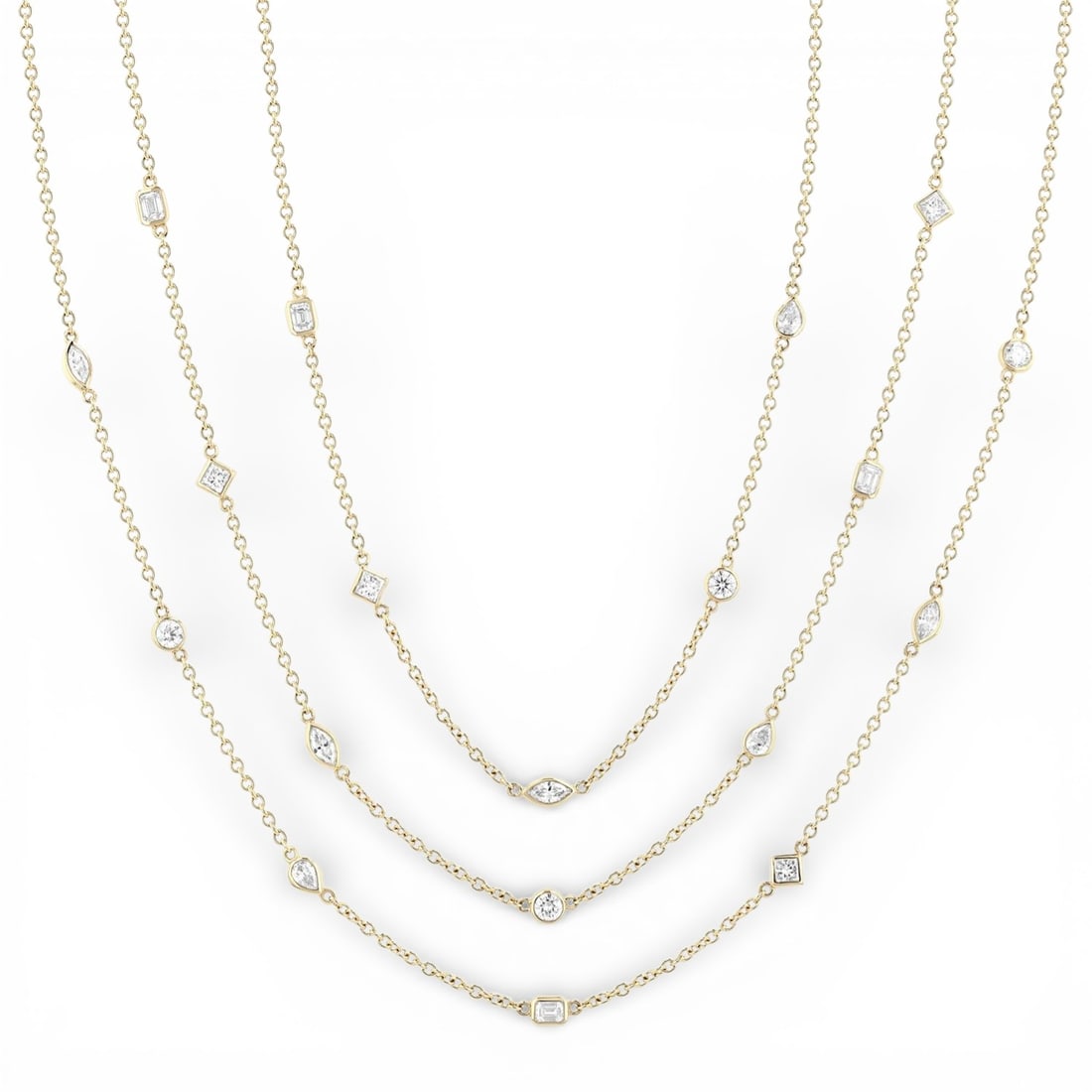 4.98 ctw Mixed Cut Diamond Station 14K Yellow Gold Necklace: A testament to superior craftsmanship, this breathtaking Station necklace featuring White Diamond is unparalleled. A detailed Bezel gallery secures the stones, rendered in 13.55 grams of lustrous 14K 