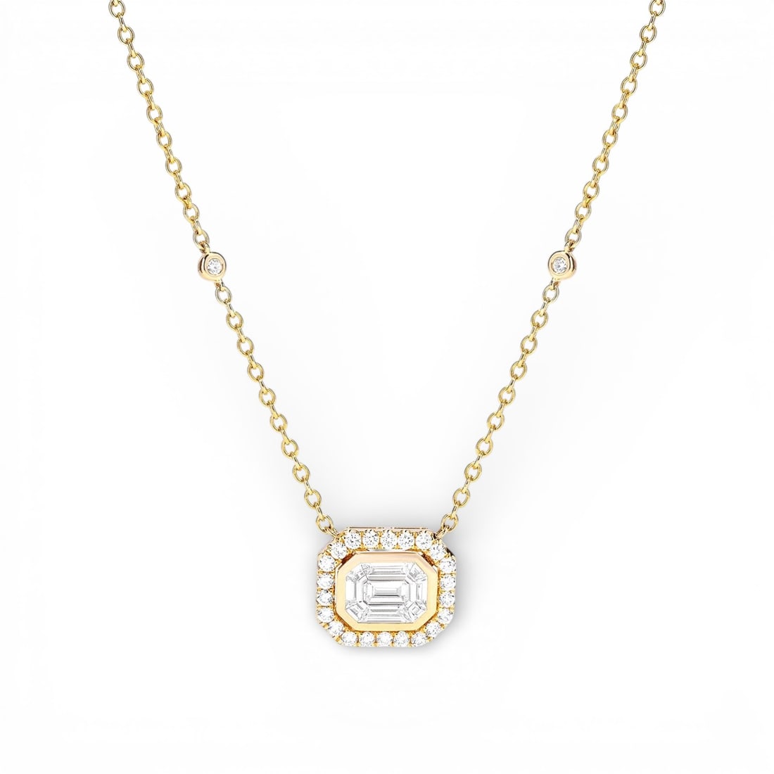 1.01 ctw Empress Emerald Cut Diamond Halo 18K Yellow Gold Pendant Necklace: A testament to superior craftsmanship, this breathtaking Halo pendant necklace featuring White Diamonds is unparalleled. A detailed Halo gallery secures the stones, rendered in 2.9 grams of lustrous 1