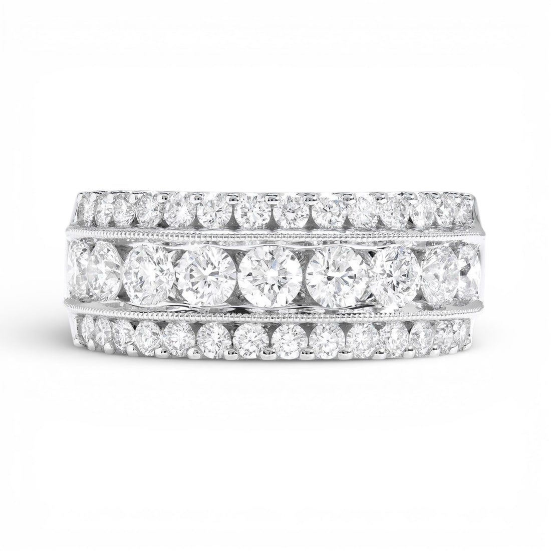 1.89 ctw Diamond 18K White Gold Band Ring: Epitomizing grandeur, this magnificent 3-Row band ring featuring White Diamond stands as a beacon of refined taste. Showcasing the gems in a Multi-Row Band arrangement, the band ring consists of 8.25 